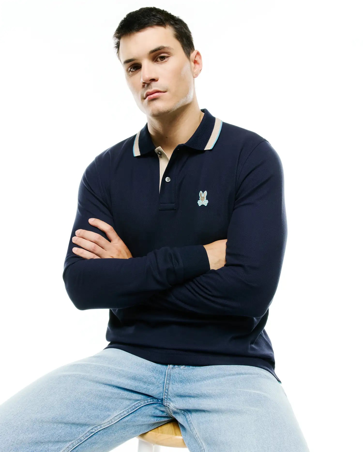 Psycho Bunny Men's Polos Men's Grover Pique Longsleeve Polo polo blu piqué