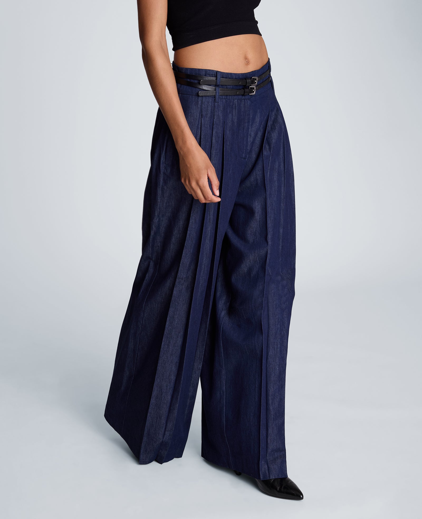 Kenneth Cole Reaction Clothing High Rise Fly Front Pleat Wide Leg Pantaloni Donna Blu
