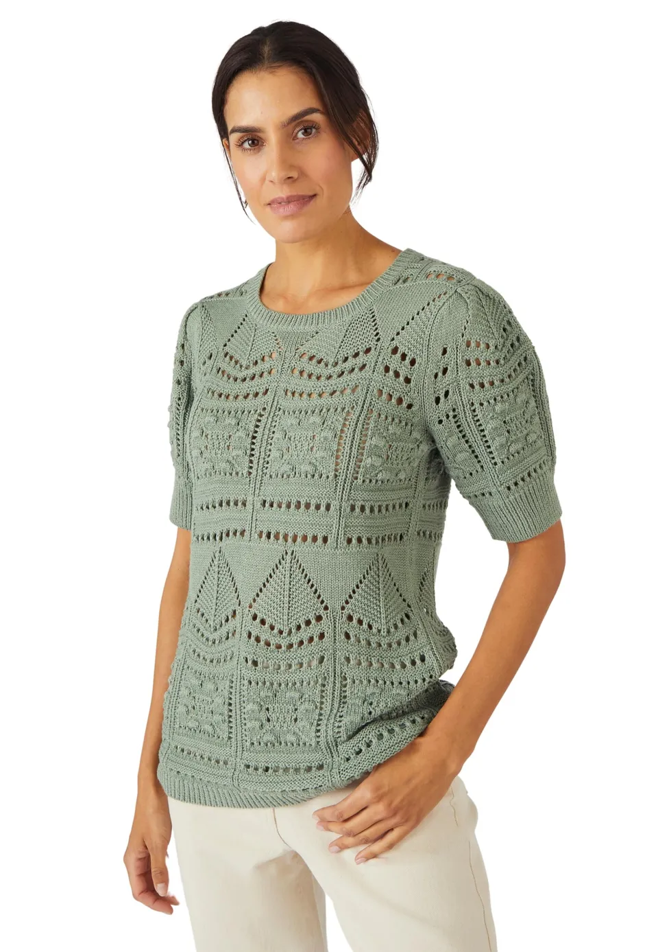 Damart Prêt-à-porter Maglione Maglia traforata Effetto Uncinetto Donna verde 38-44