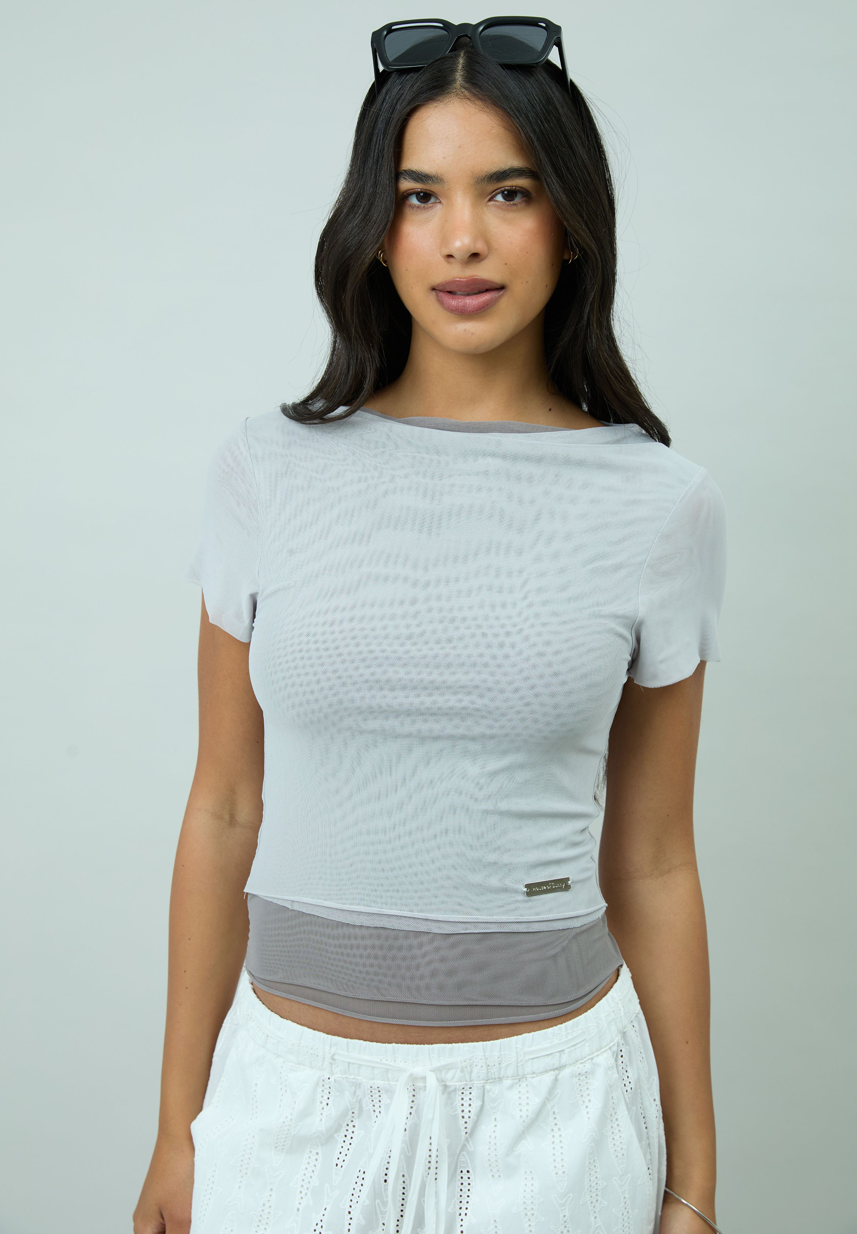House Of Sunny Womens Tops Grey Double Layer Second Skin Top in mesh grigio