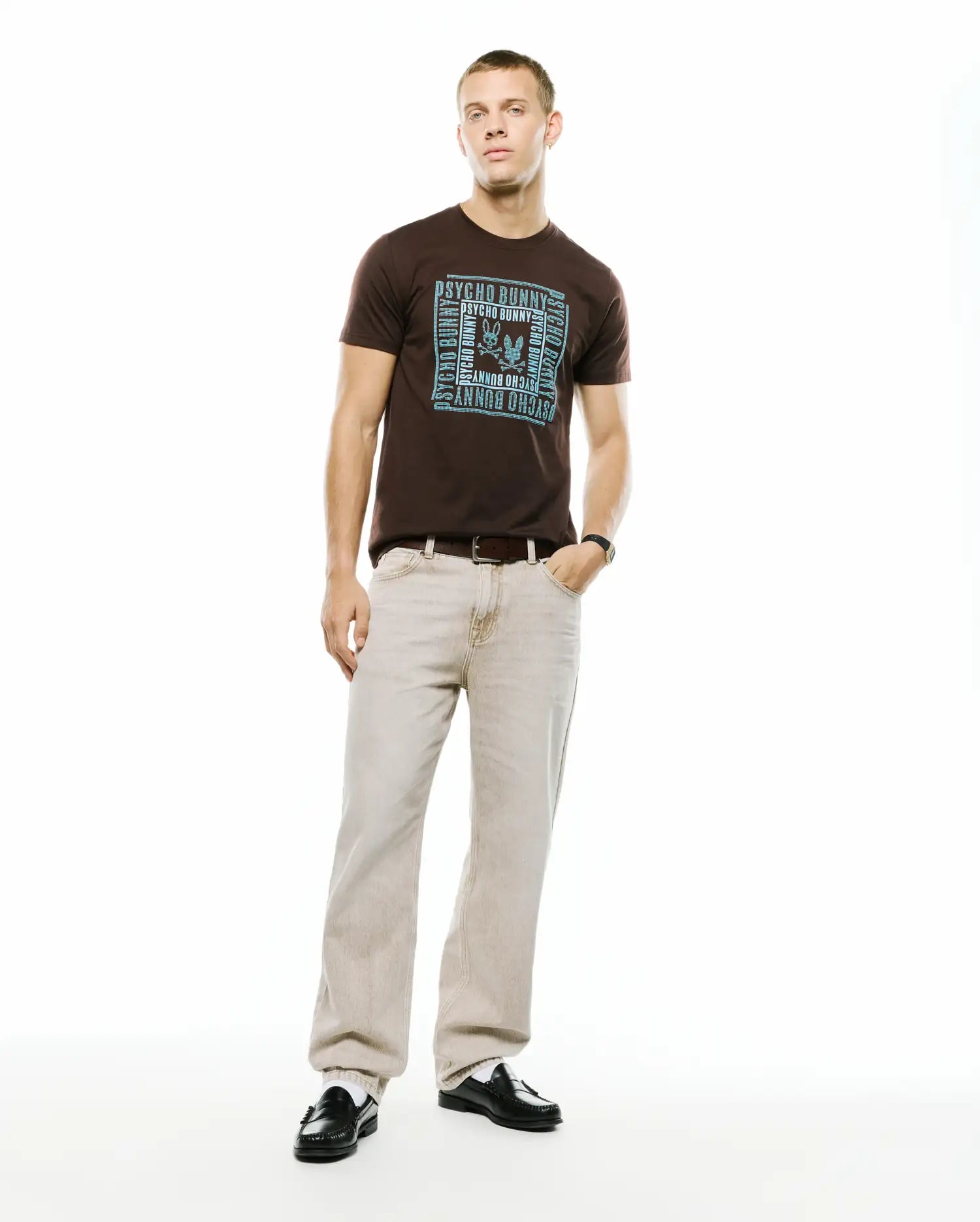 Psycho Bunny Men's Tees Raj Wordmark Graphic T-shirt Java in cotone Pima