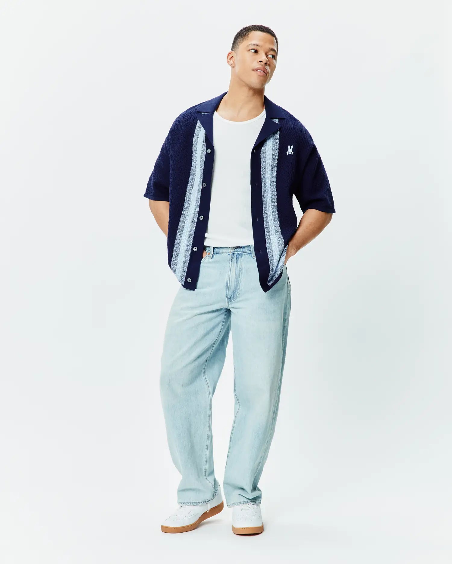 Psycho Bunny Men's Shirts Giles Relaxed Fit Border Knit Shirt camicia blu in maglia