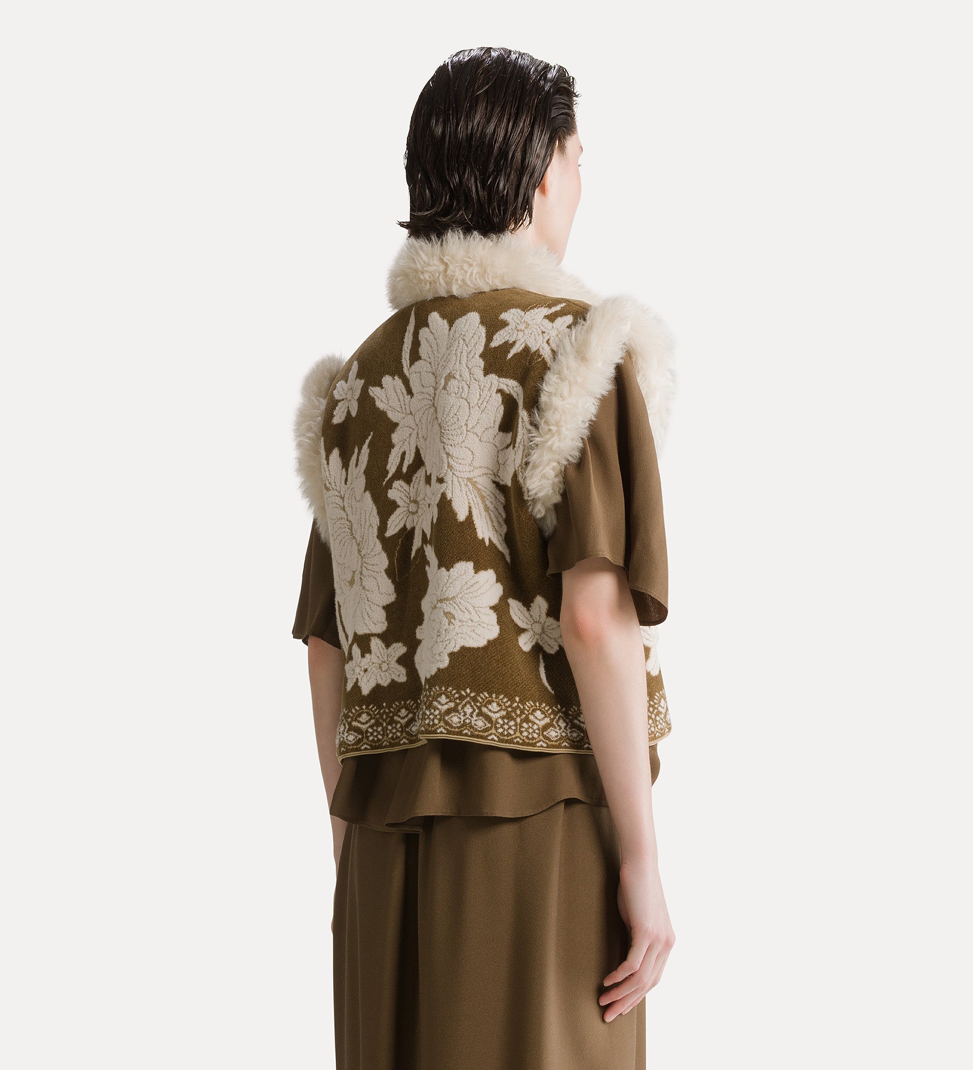 Forte Maglieria The Lotus gilet jacquard cumino con bordo in ecopelliccia