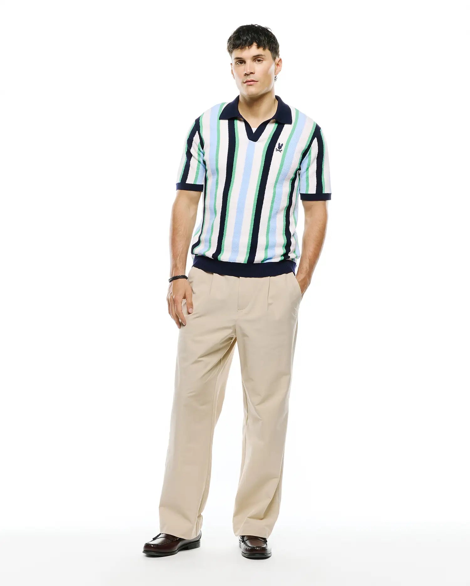 Psycho Bunny Men's Polos Wren Striped Knit Polo polo blu a righe in cotone