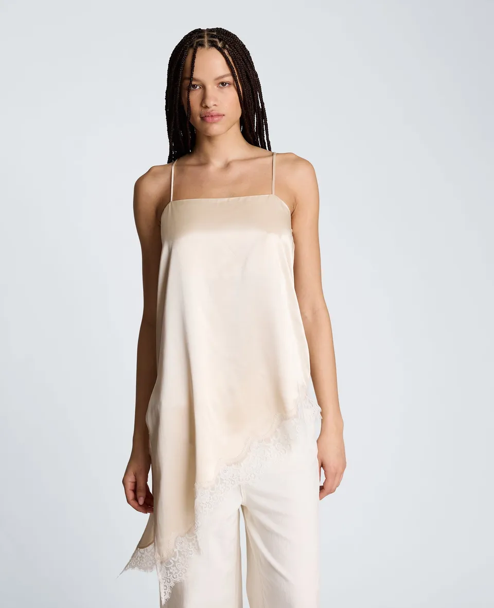Kenneth Cole Reaction Clothing Asymmetric Lace Hem Tunic Cami canotta satinata oyster