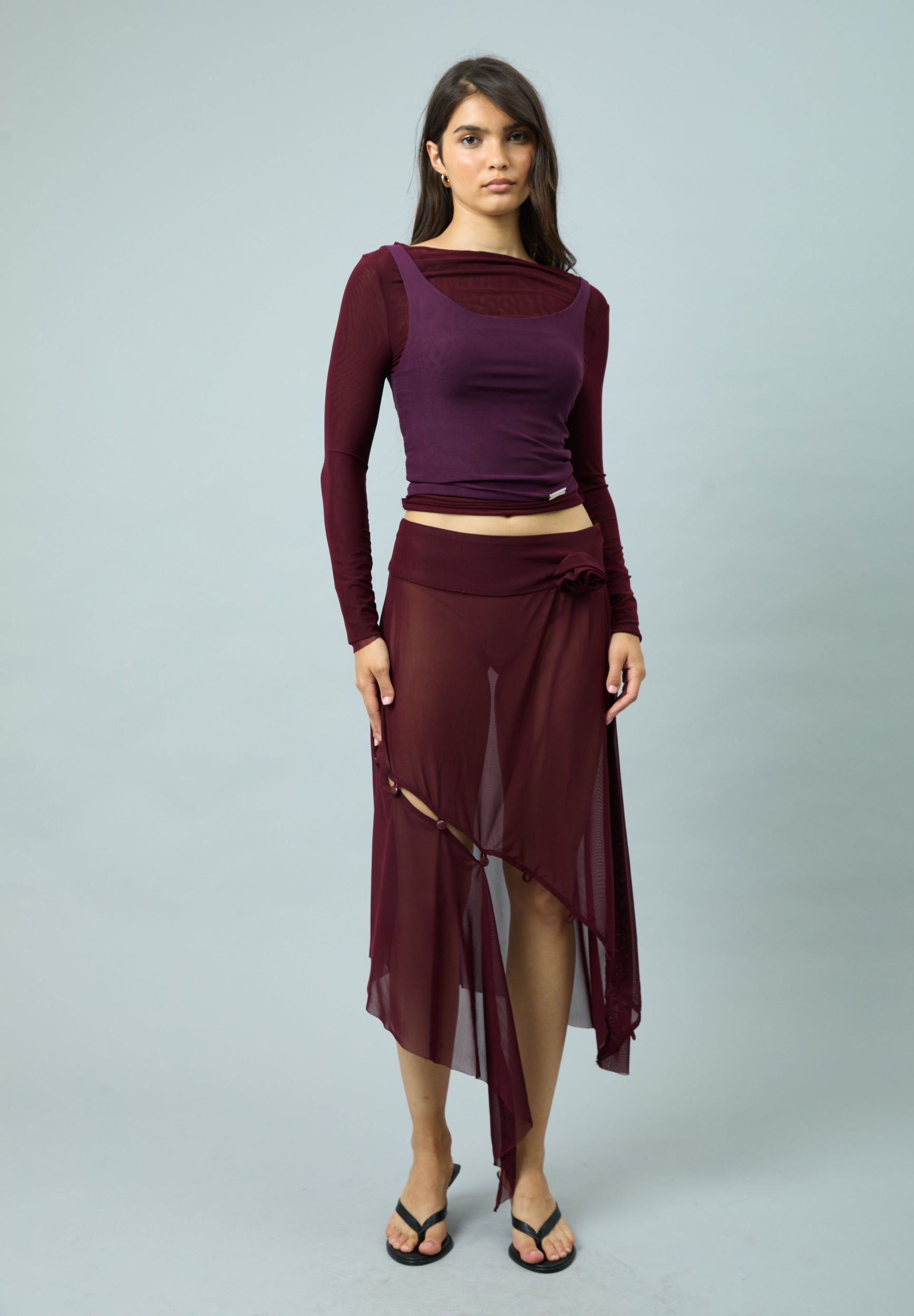 House Of Sunny Womens Tops Burgundy Double Layer Second Skin Top top bordeaux UK 6–18 mesh