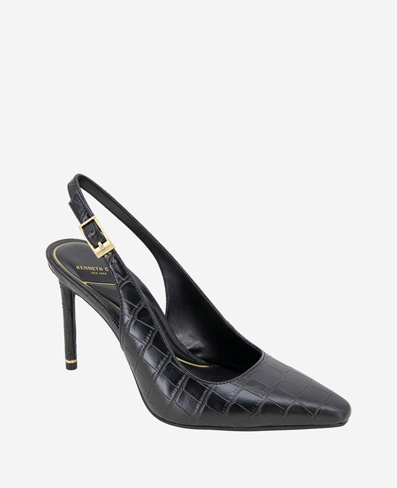 Kenneth Cole Reaction Shoes Quinnly Leather Croco Slingback Heel scarpe nere