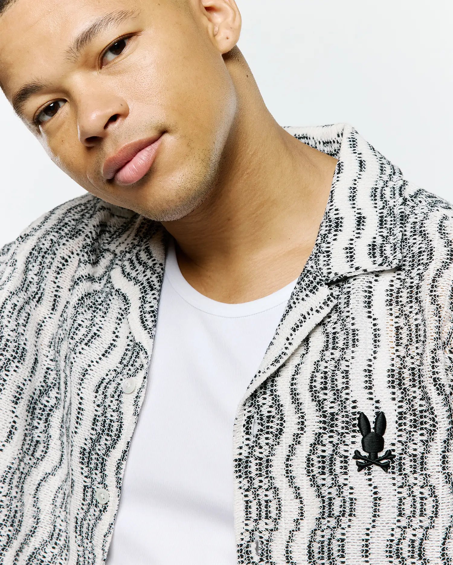 Psycho Bunny Men's Shirts Dave Crochet Shirt camicia nera e crema in maglia