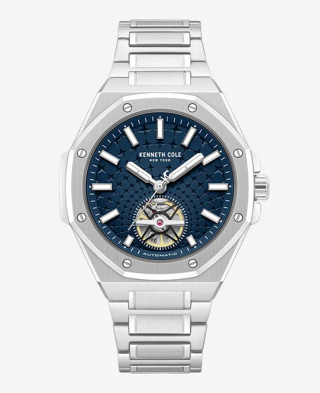 Kenneth Cole Reaction Watches Skeleton Automatic Blue Dial Stainless Steel Bracelet Watch argento