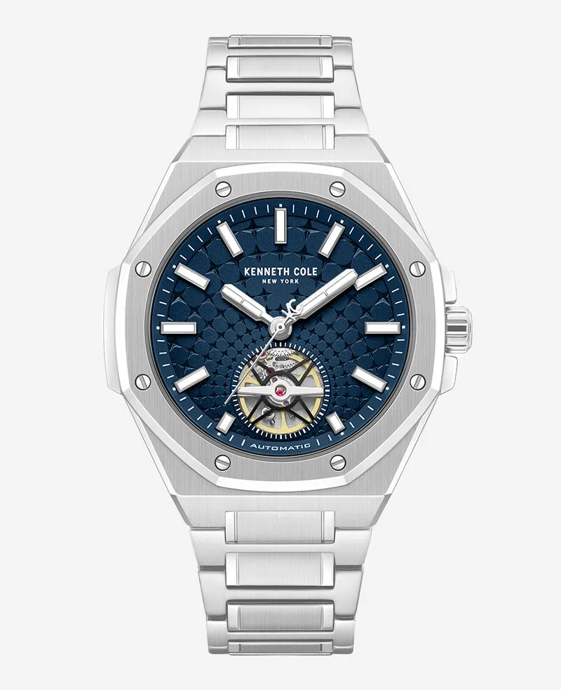 Kenneth Cole Reaction Watches Skeleton Automatic Blue Dial Stainless Steel Bracelet Watch argento
