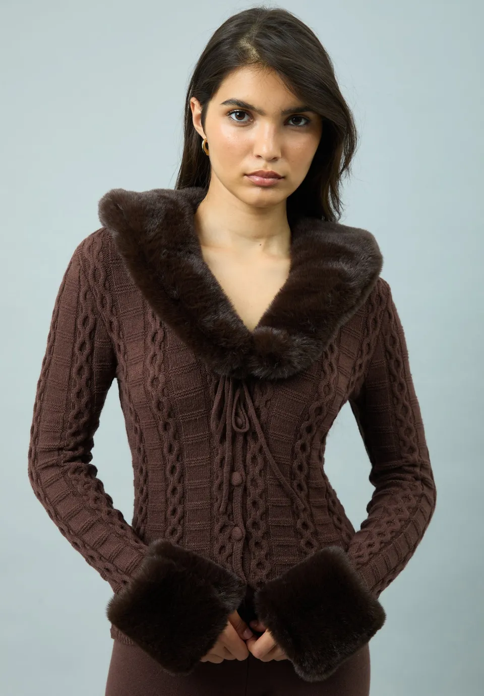 House Of Sunny Women's Knitwear CHOCOLATE FUR COLLAR CABLE PEGGY cardigan UK 6-18 collo staccabile