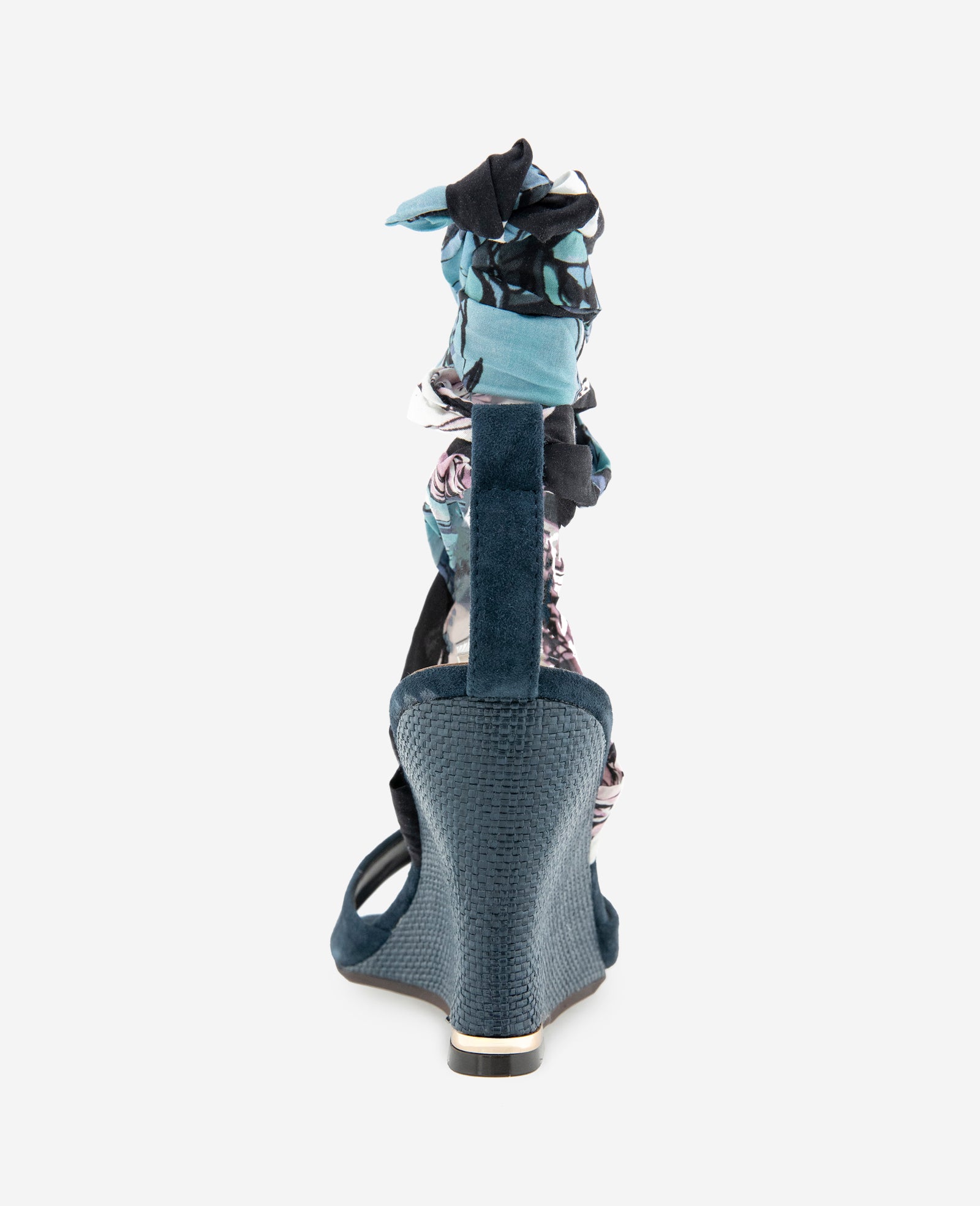 Kenneth Cole Reaction Shoes Fabia Printed Fabric Wrap Around Suede & Raffia Wedge sandalo zeppa blu navy