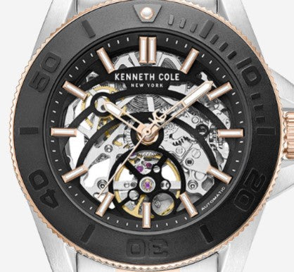 Kenneth Cole Reaction Watches Skeleton Automatic Black Contrast Dial Two Tone Bracelet Watch orologio automatico uomo bicolore