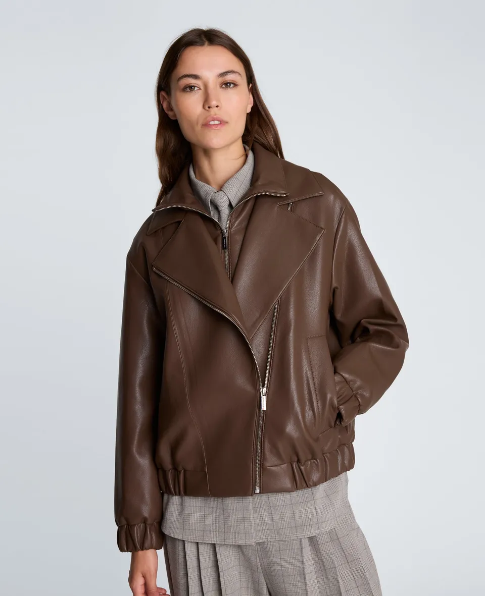 Kenneth Cole Reaction Clothing Asymmetrical Zip Faux Leather Jacket giacca ecopelle caffè