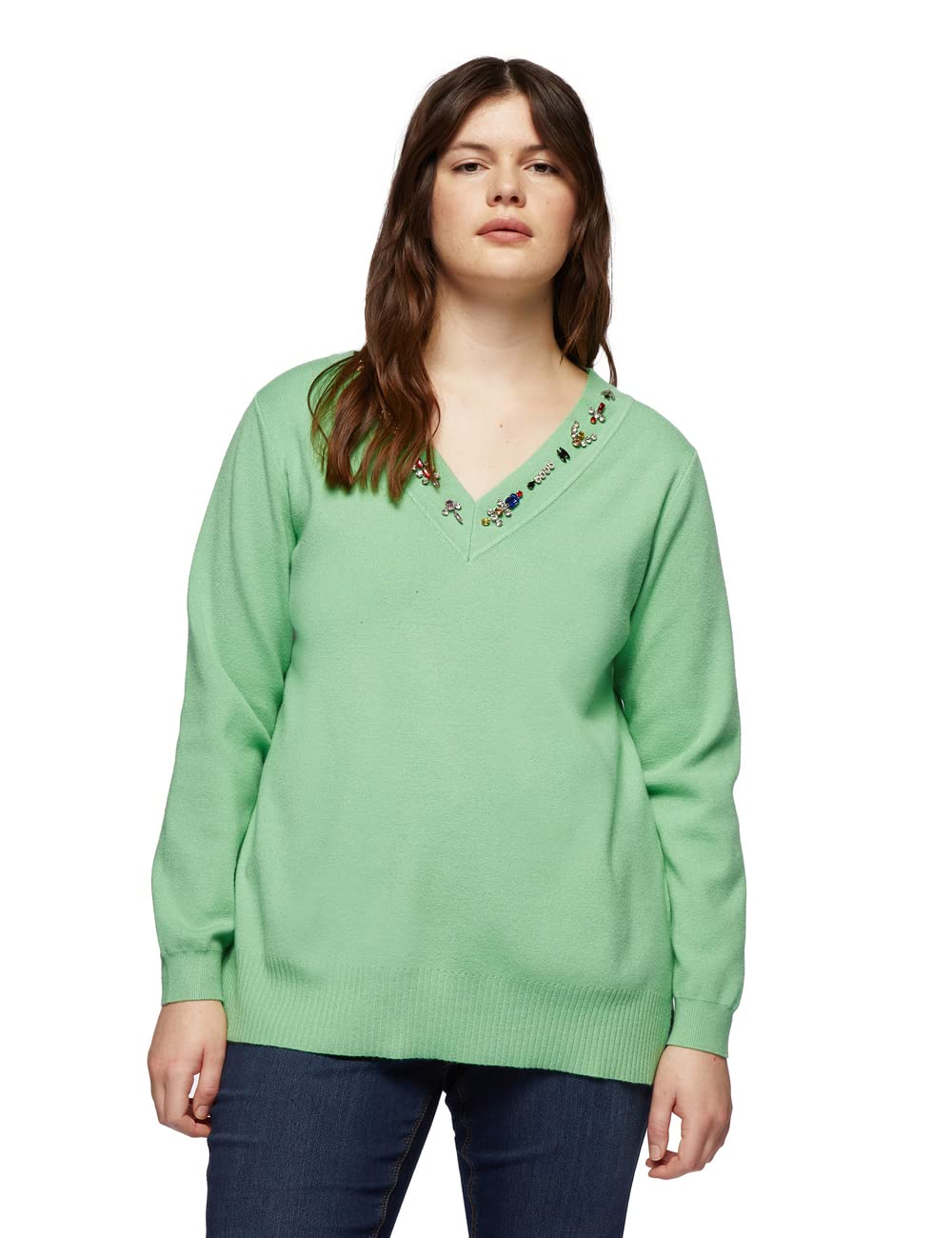 Fiorella Rubino Maglia con Ricamo sullo Scollo maglia XL Plus verde