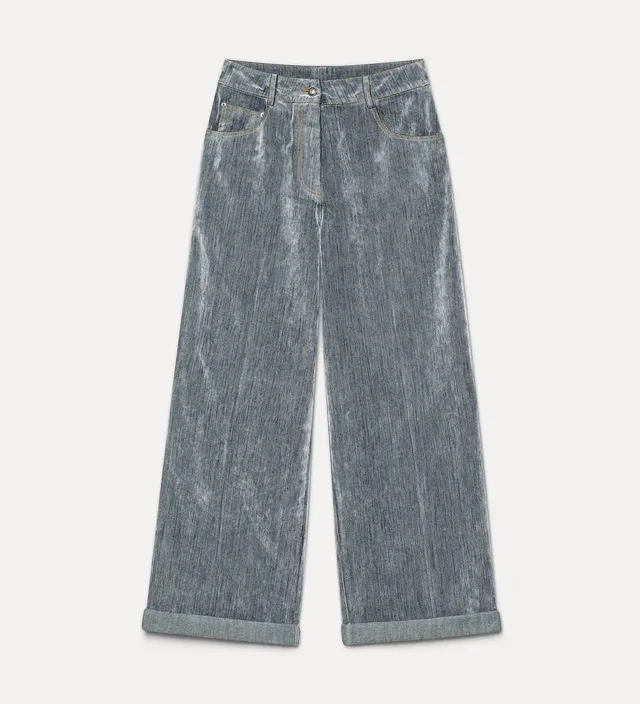 Forte pantaloni jeans wide-leg grigi in denim floccato