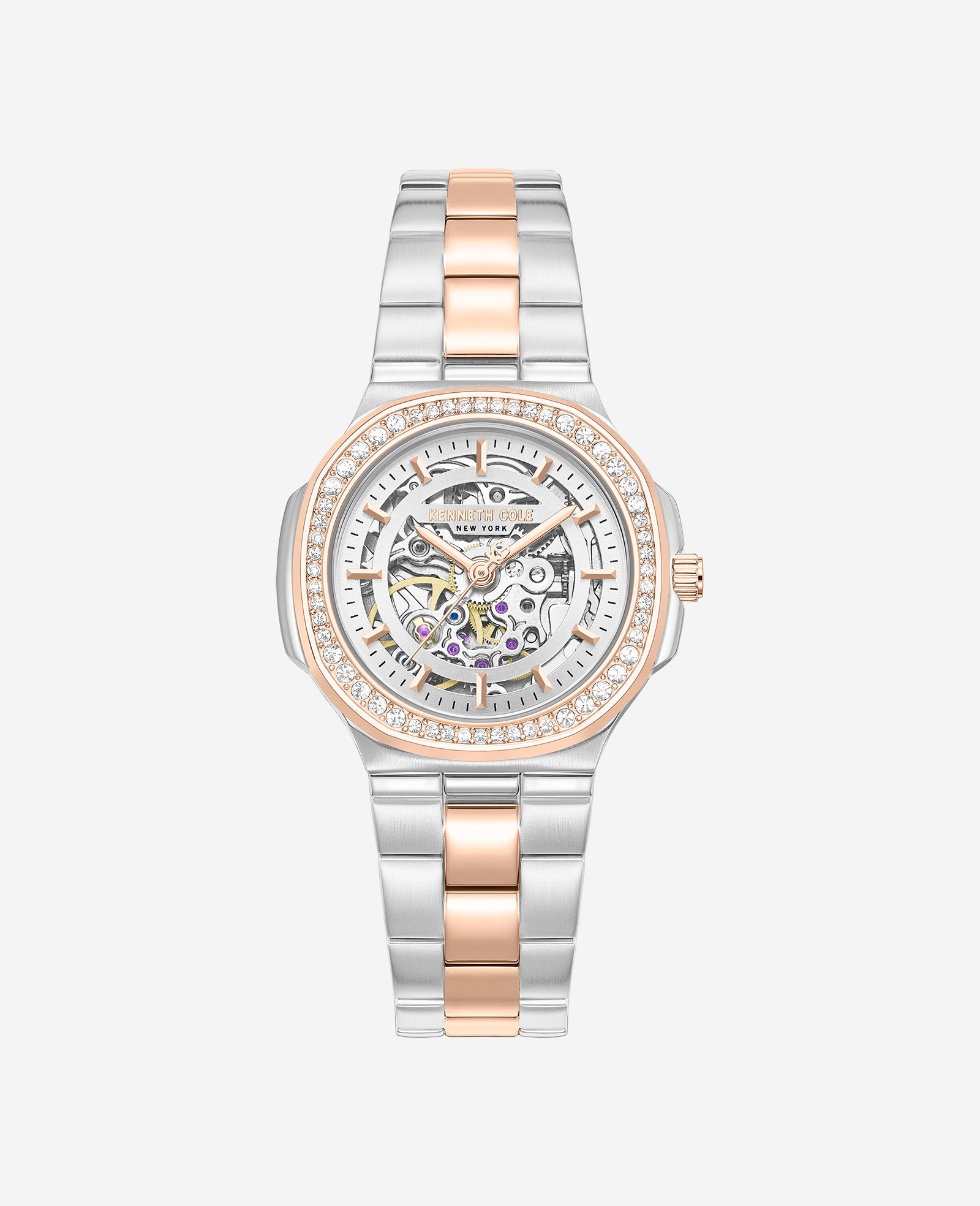 Kenneth Cole Reaction Watches Skeleton Automatic Crystal Lined Outer Dial Two Tone Bracelet Watch orologio bicolore