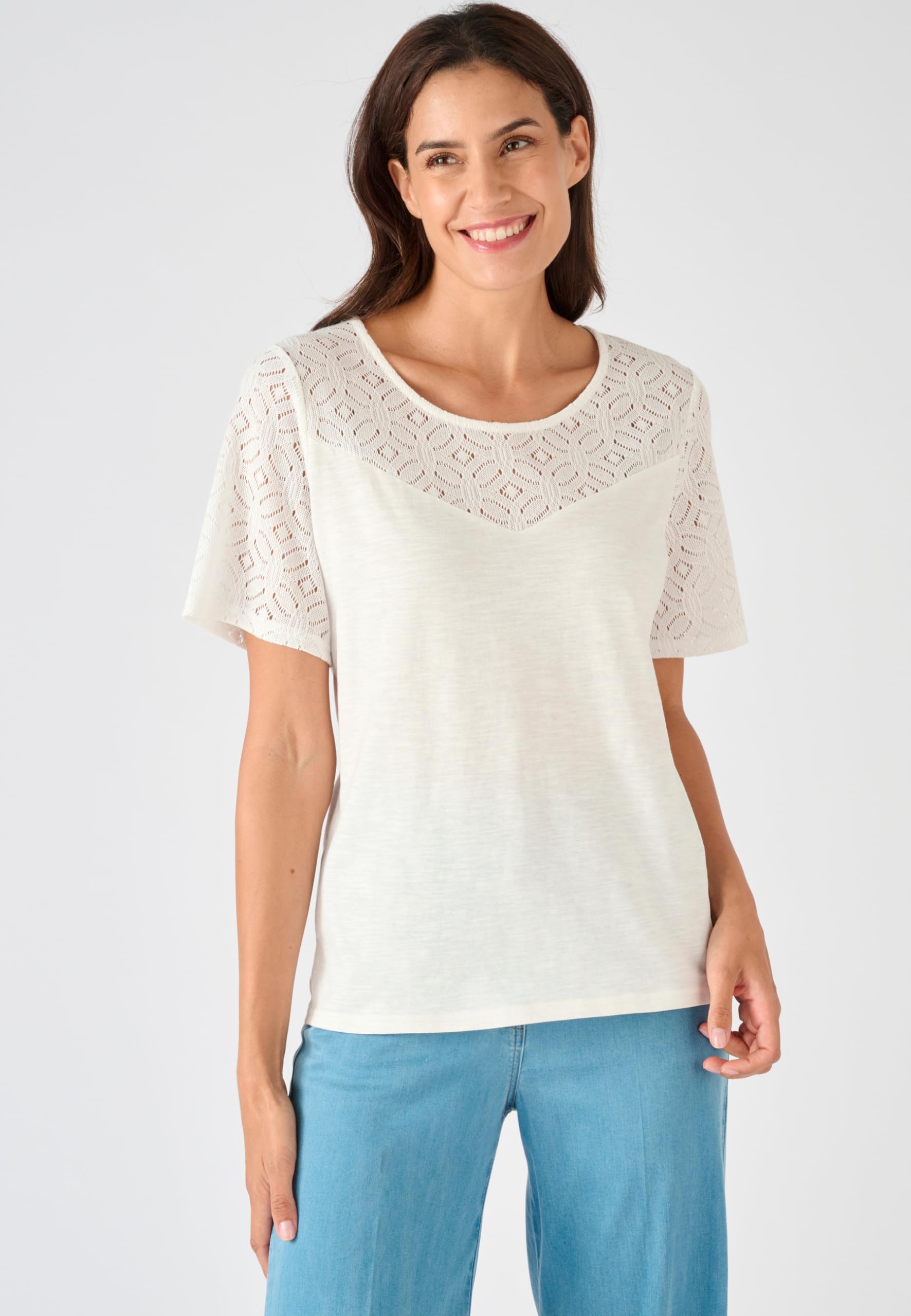 Damart Prêt-à-porter Maglietta in puro cotone con inserto macramé bianca 38-40