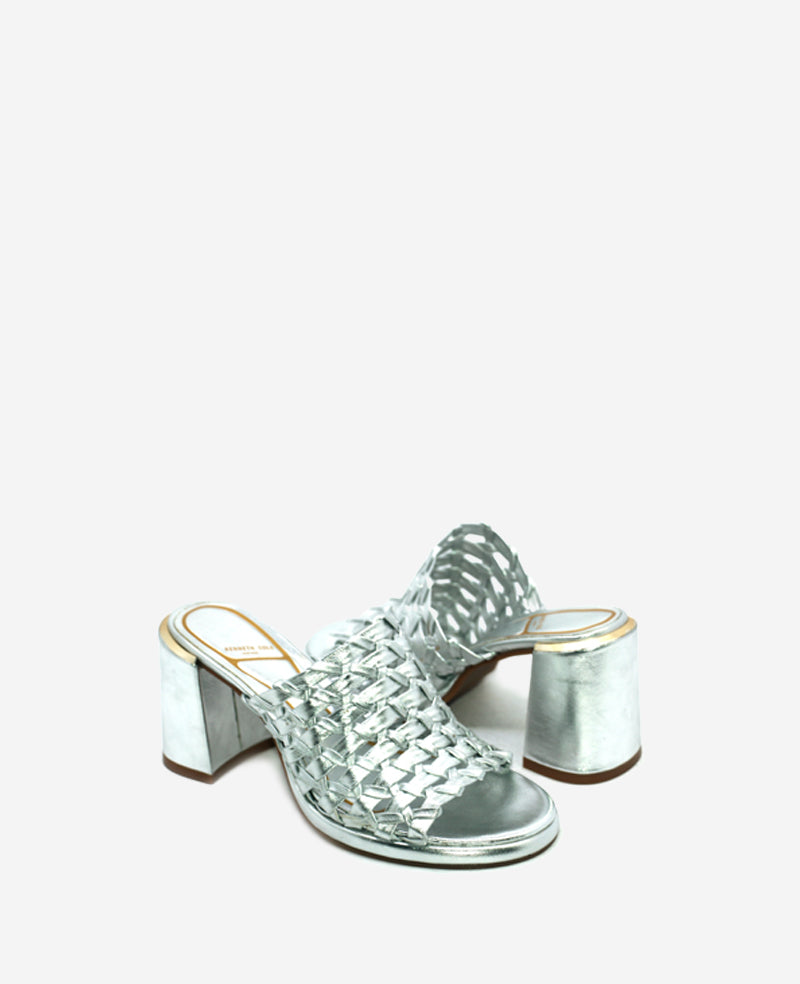 Kenneth Cole Reaction Shoes Solara Metallic Leather Woven Heel Sandal argento
