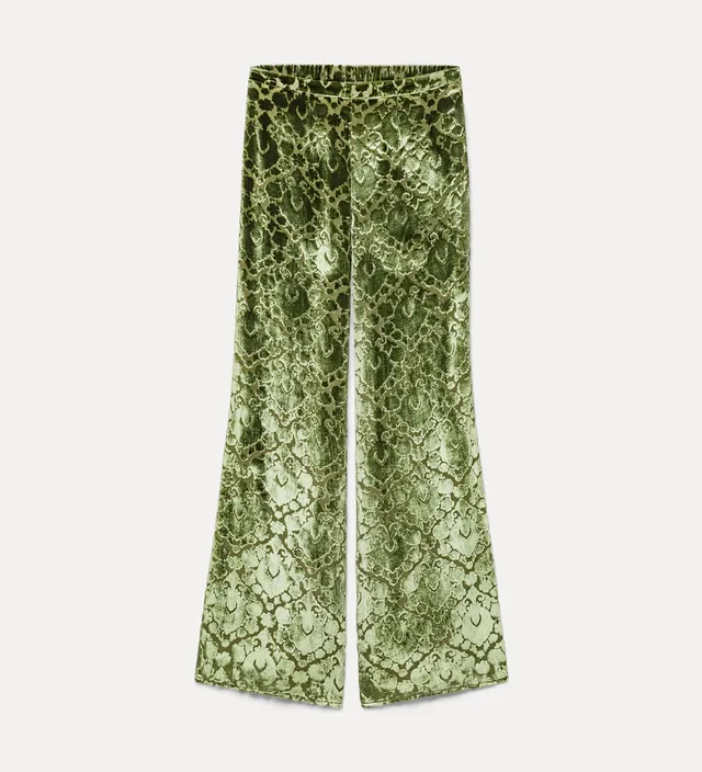 Forte pantaloni pantaloni svasati in velluto floreale verde