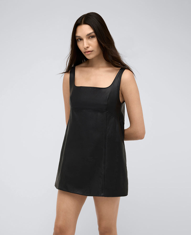Kenneth Cole Reaction Clothing Leather Open Back Strap Shift Dress abito nero in pelle