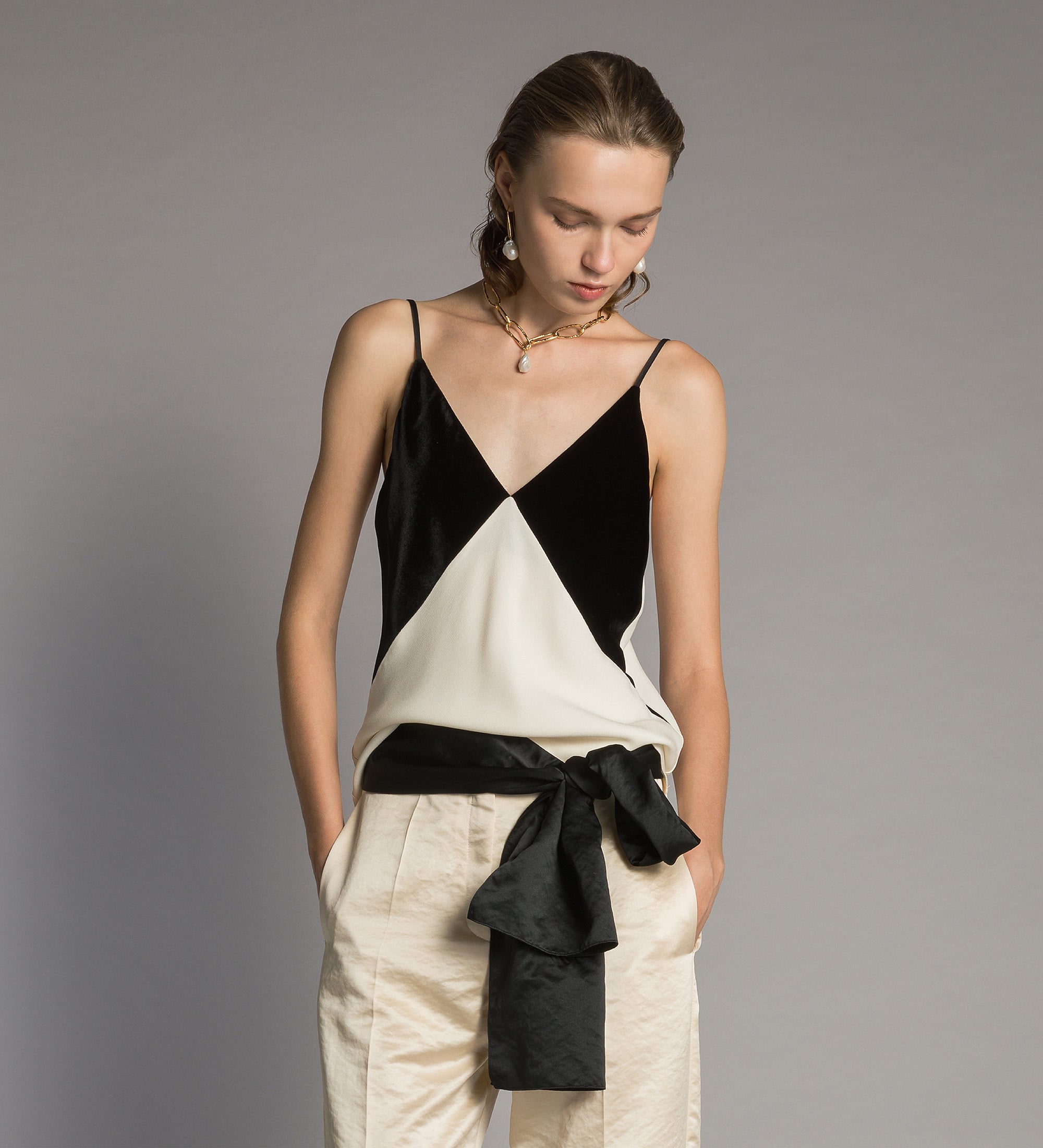 Forte top Colourblock top sottoveste bianco in raso e velluto