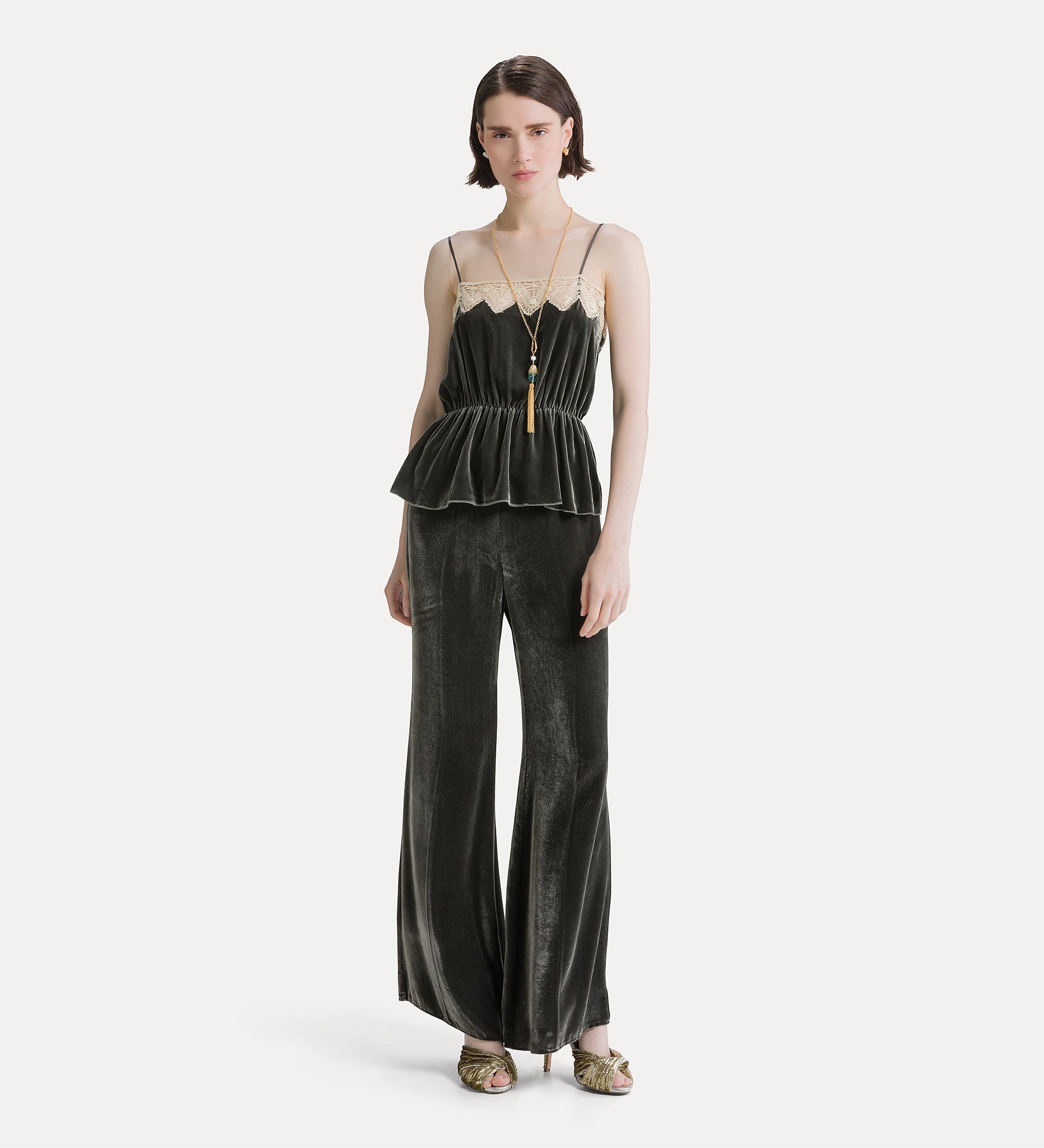 Forte top velvet and lace top top grigio in velluto
