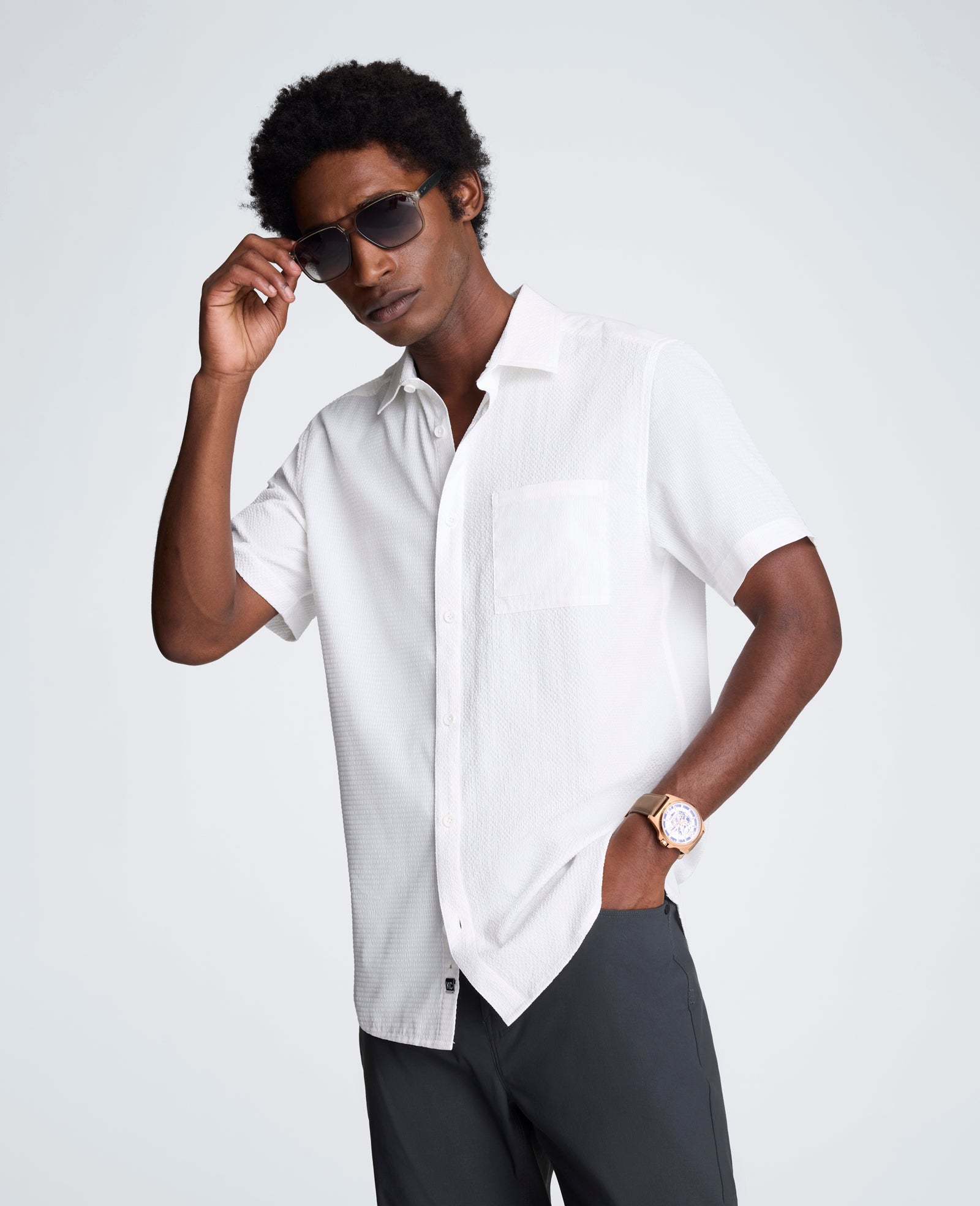 Kenneth Cole Reaction Clothing Slim Fit Short-Sleeve Mixed-Media Sport Shirt camicia bianca in poliestere
