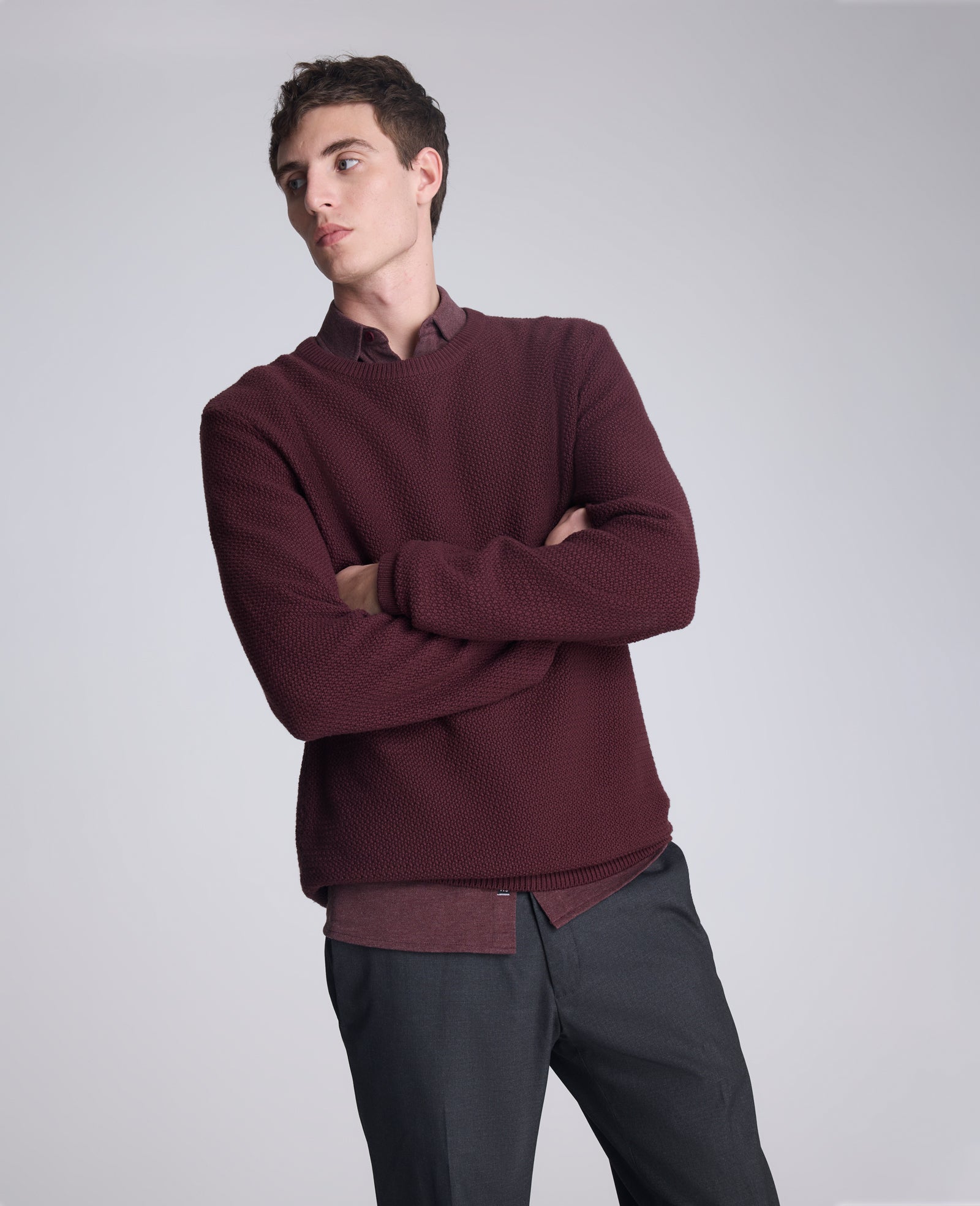 Kenneth Cole Reaction Clothing Popcorn Crew Sweater maglione bordeaux girocollo testurizzato