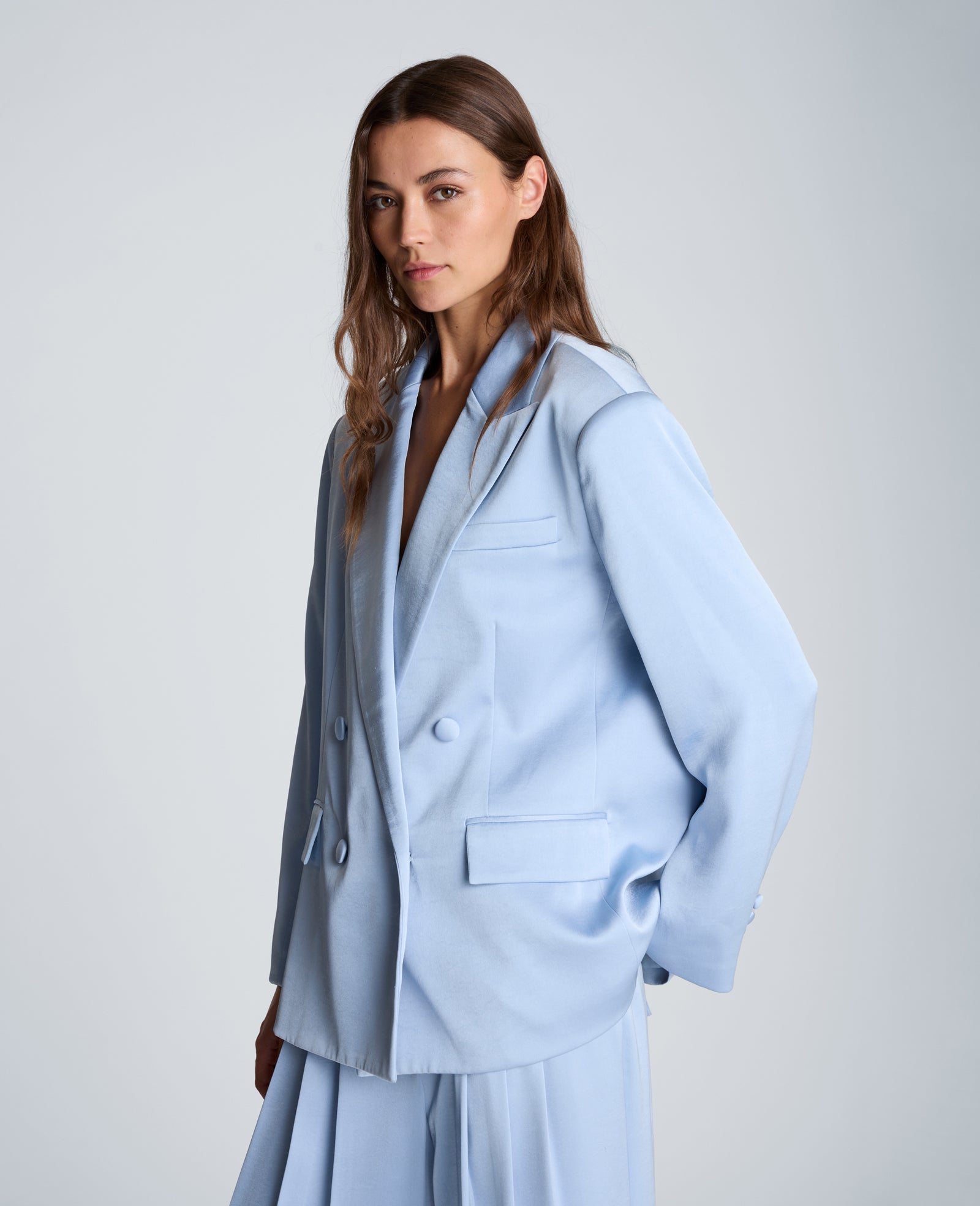 Kenneth Cole Reaction Clothing Double Breasted Boyfriend Jacket giacca blu satinata