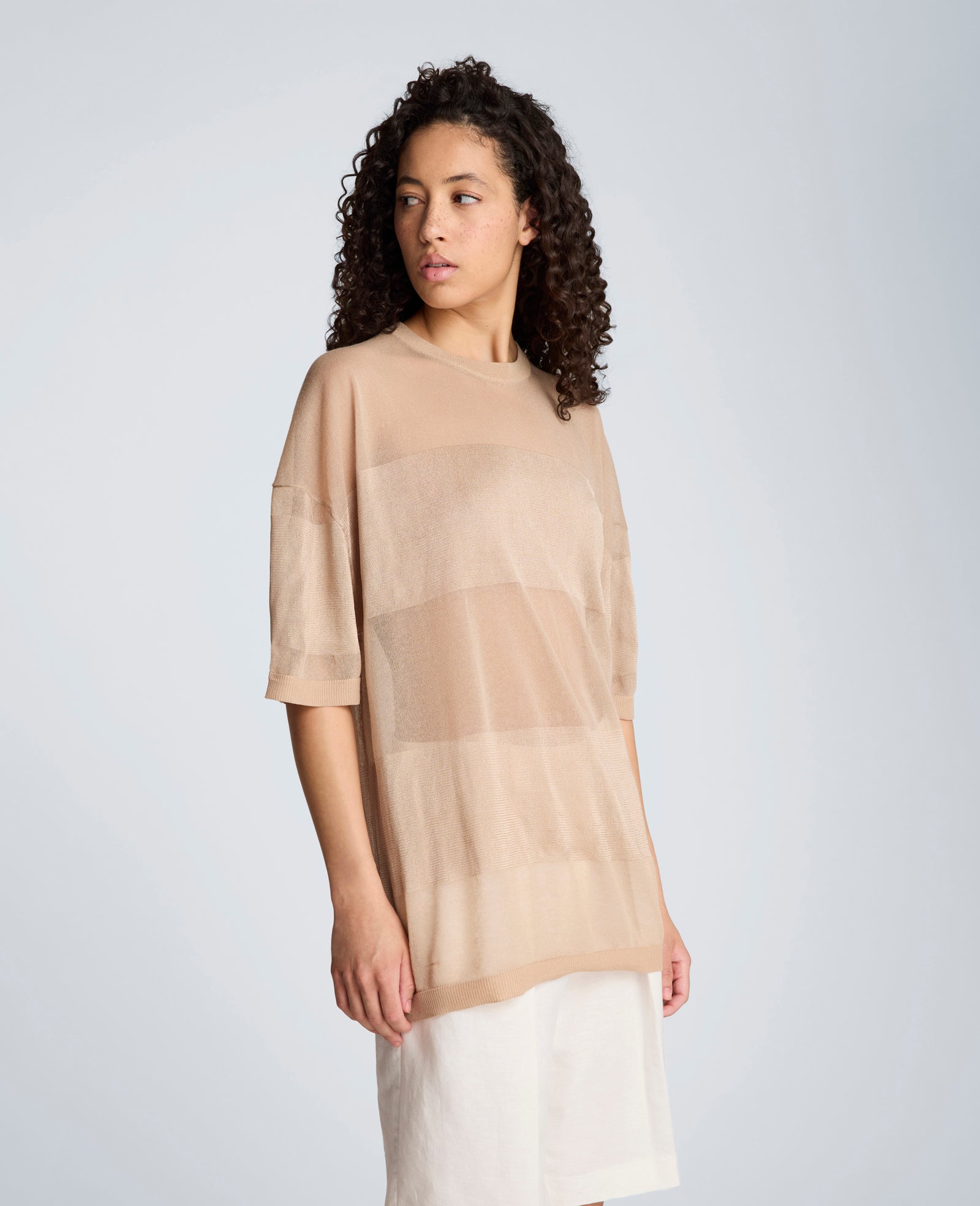 Kenneth Cole Reaction Clothing Shiny Semi Sheer Stripe maglia girocollo taupe