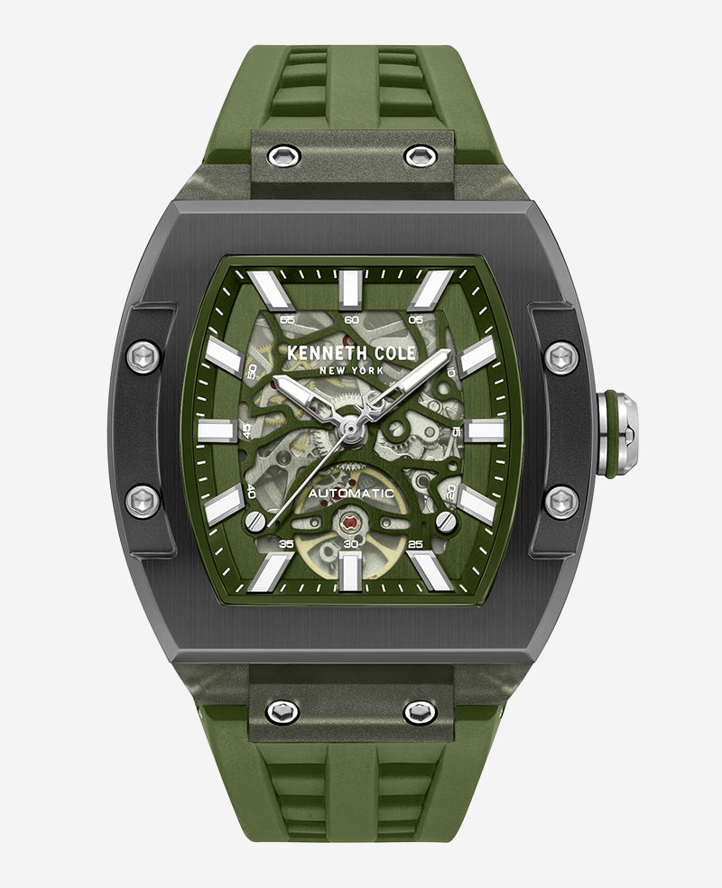 Kenneth Cole Reaction Watches Skeleton Automatic Green Silicone Strap Watch orologio verde