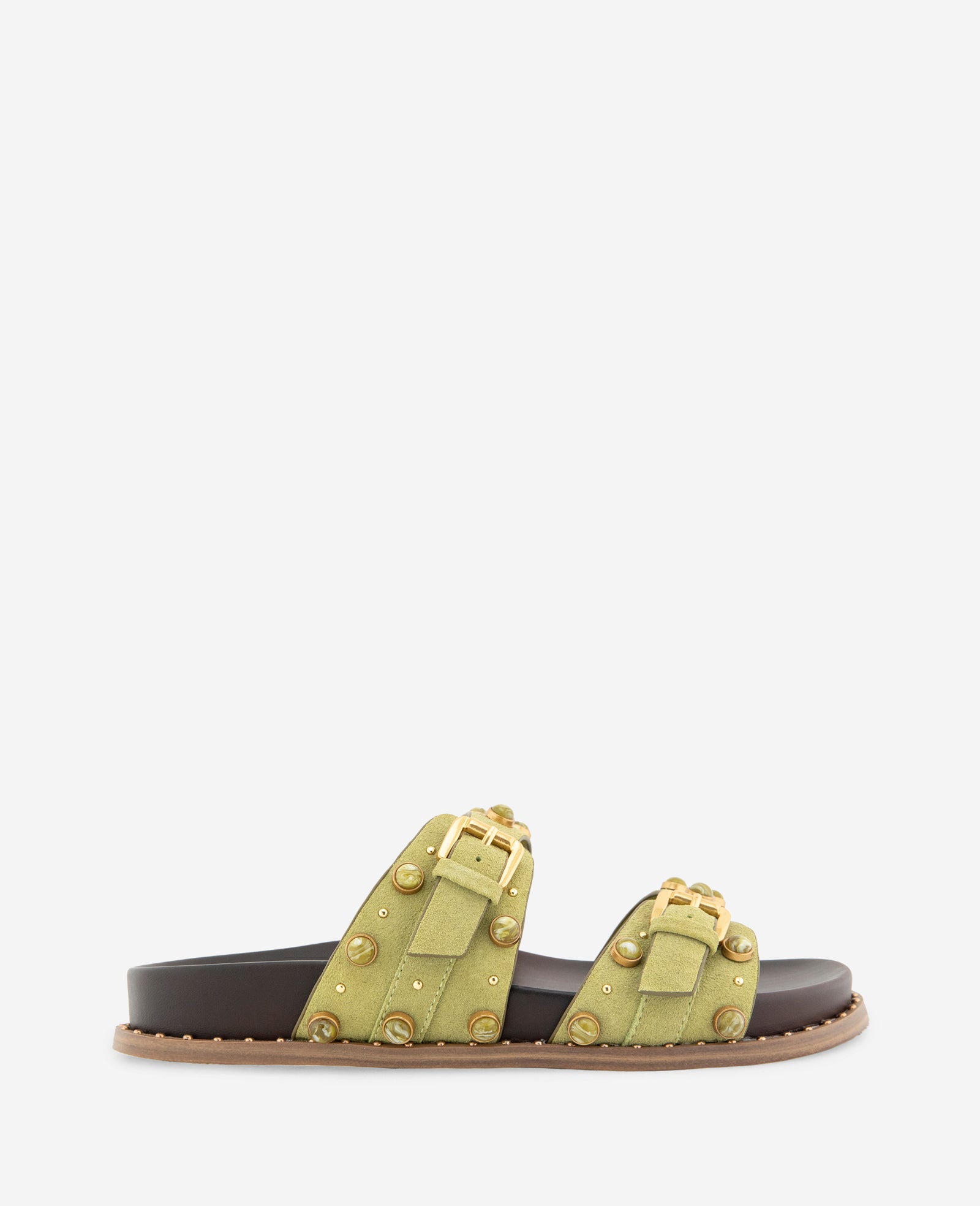 Kenneth Cole Reaction Shoes Deardra Suede Double Band Buckle Slide sabot verdi borchie