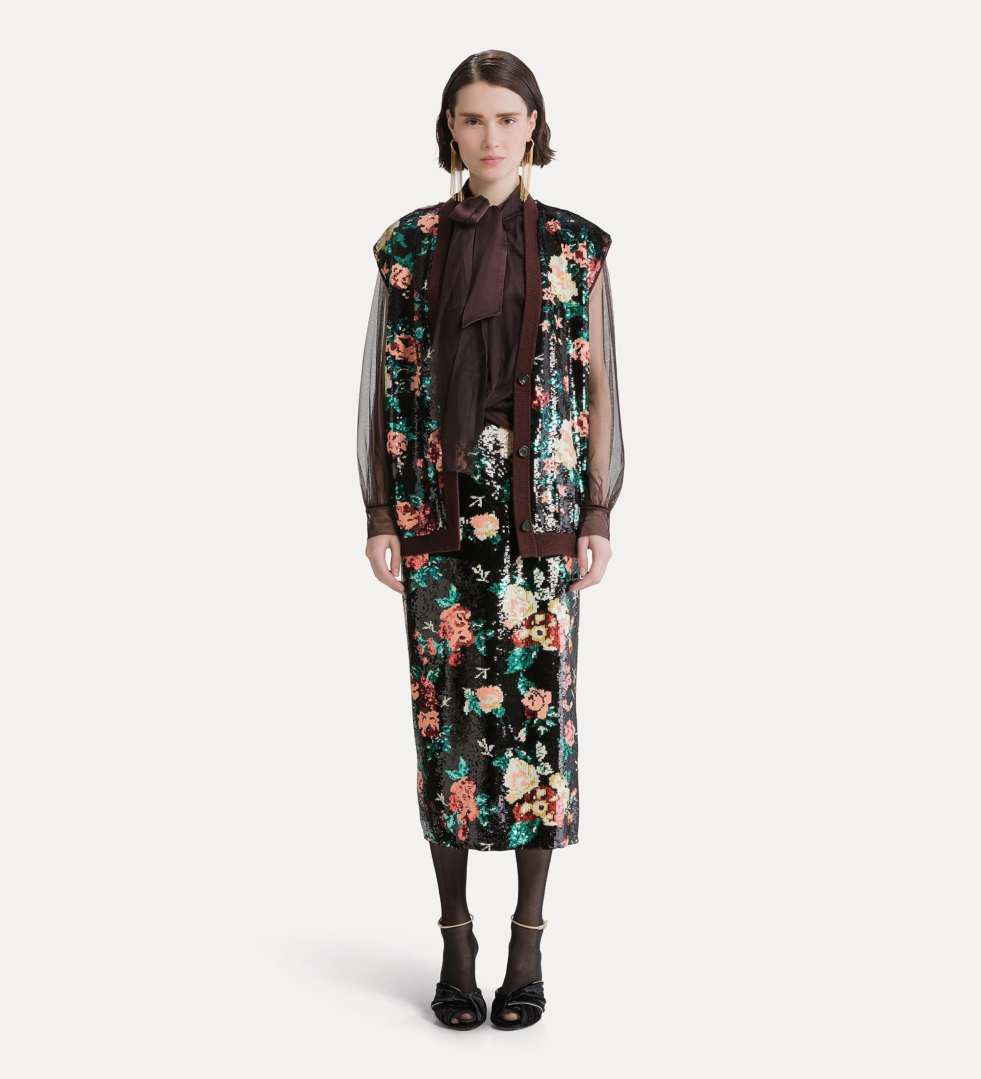 Forte gonne gonna a matita ricamo paillettes bouquet verde