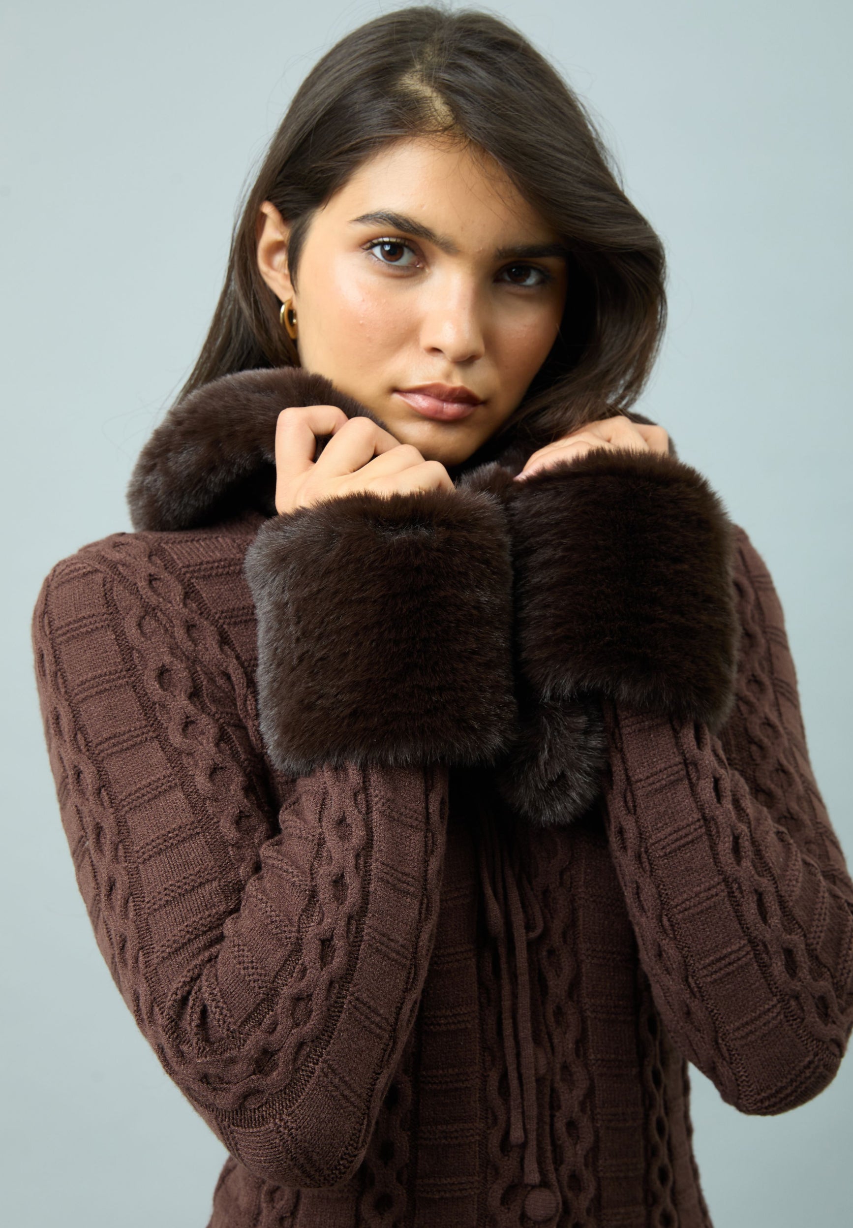 House Of Sunny Women's Knitwear CHOCOLATE FUR COLLAR CABLE PEGGY cardigan UK 6-18 collo staccabile