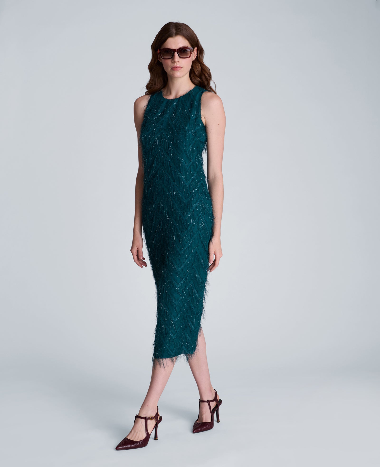 Kenneth Cole Reaction Clothing Fringed Organza Midi Sheath Dress abito midi verde petrolio