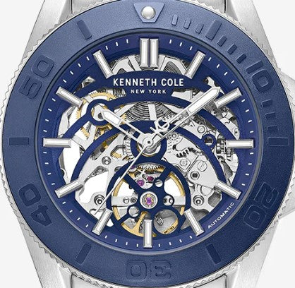 Kenneth Cole Reaction Watches Skeleton Automatic Blue Contrast Dial Bracelet Watch orologio automatico argento e blu