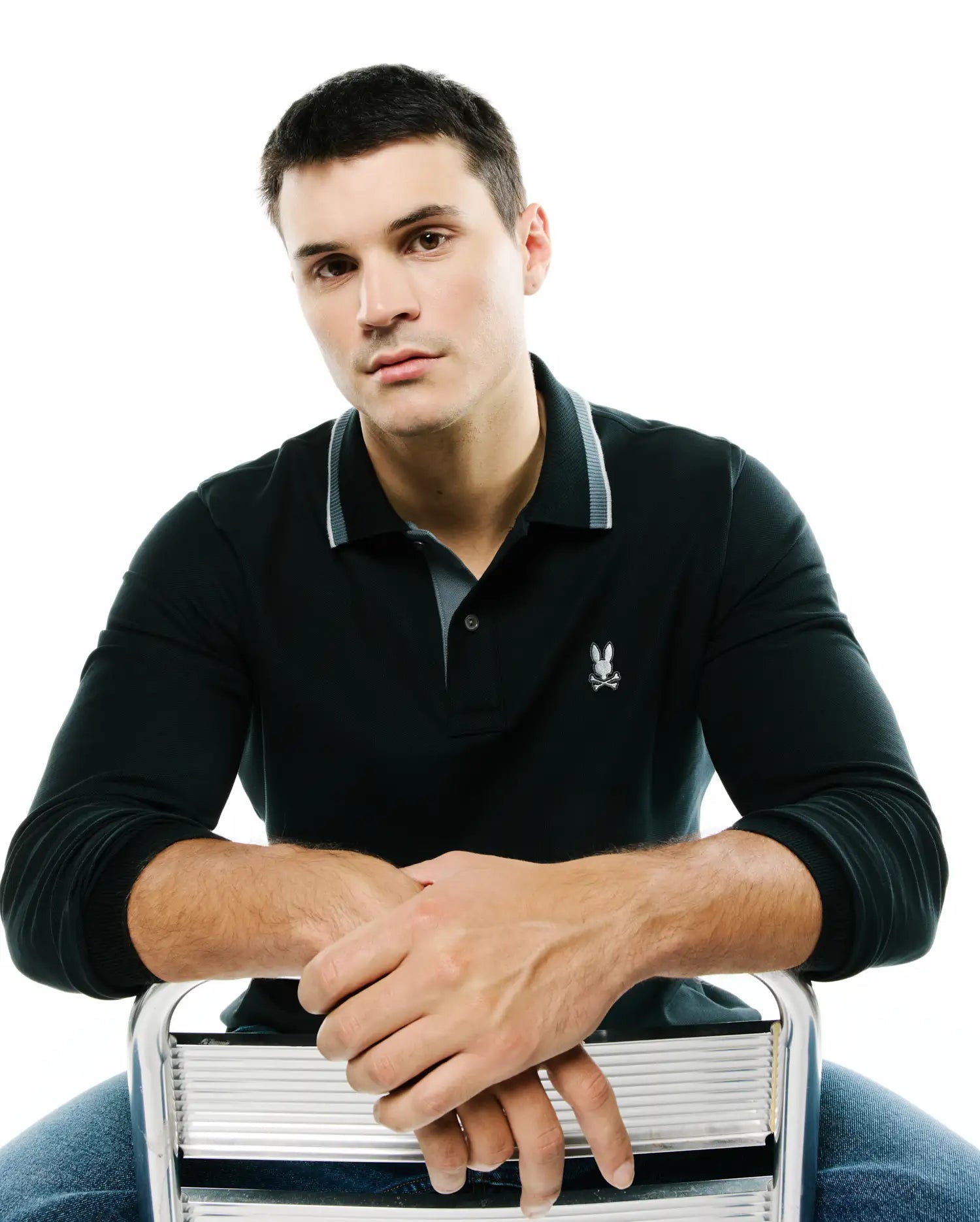 Psycho Bunny Men's Polos Grover Pique Longsleeve polo nera manica lunga