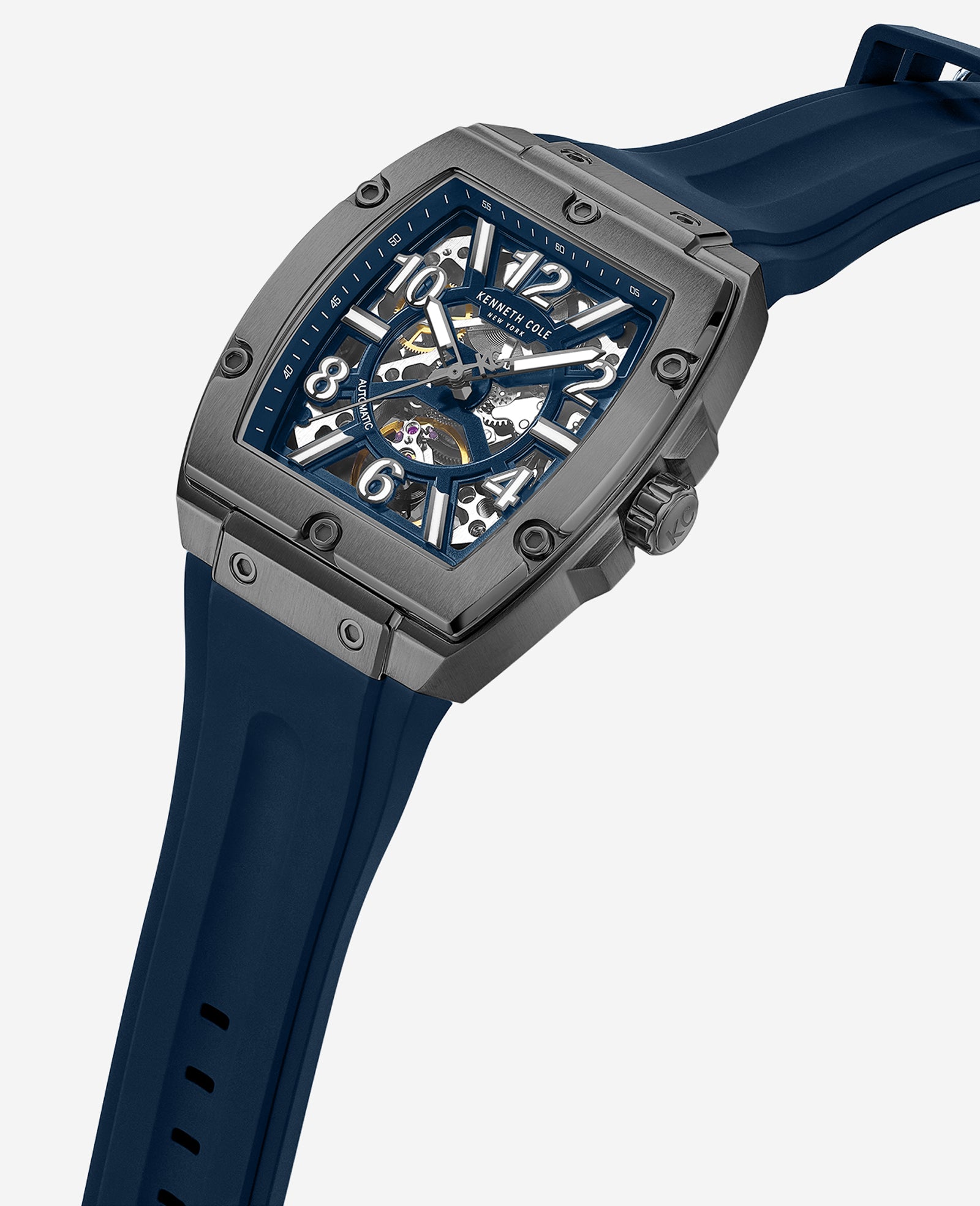 Kenneth Cole Reaction Watches Skeleton Automatic Silicone Strap Watch orologio blu