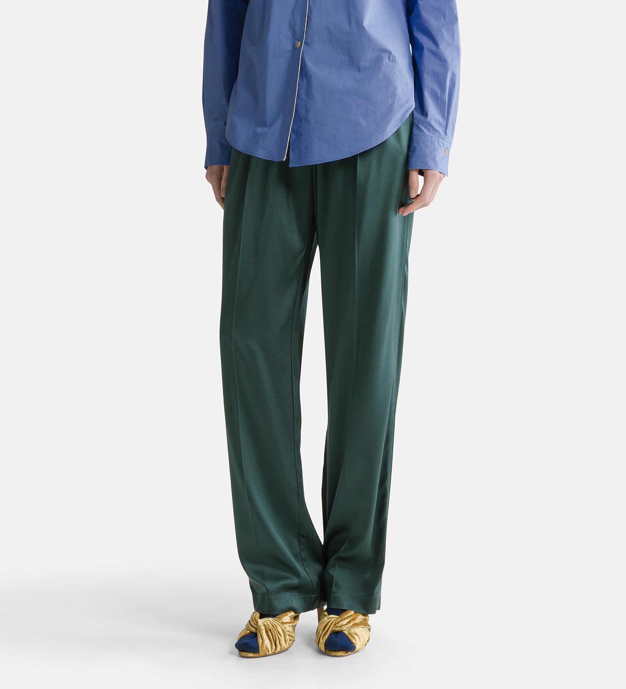 Forte pantaloni in raso di seta plissettati jade