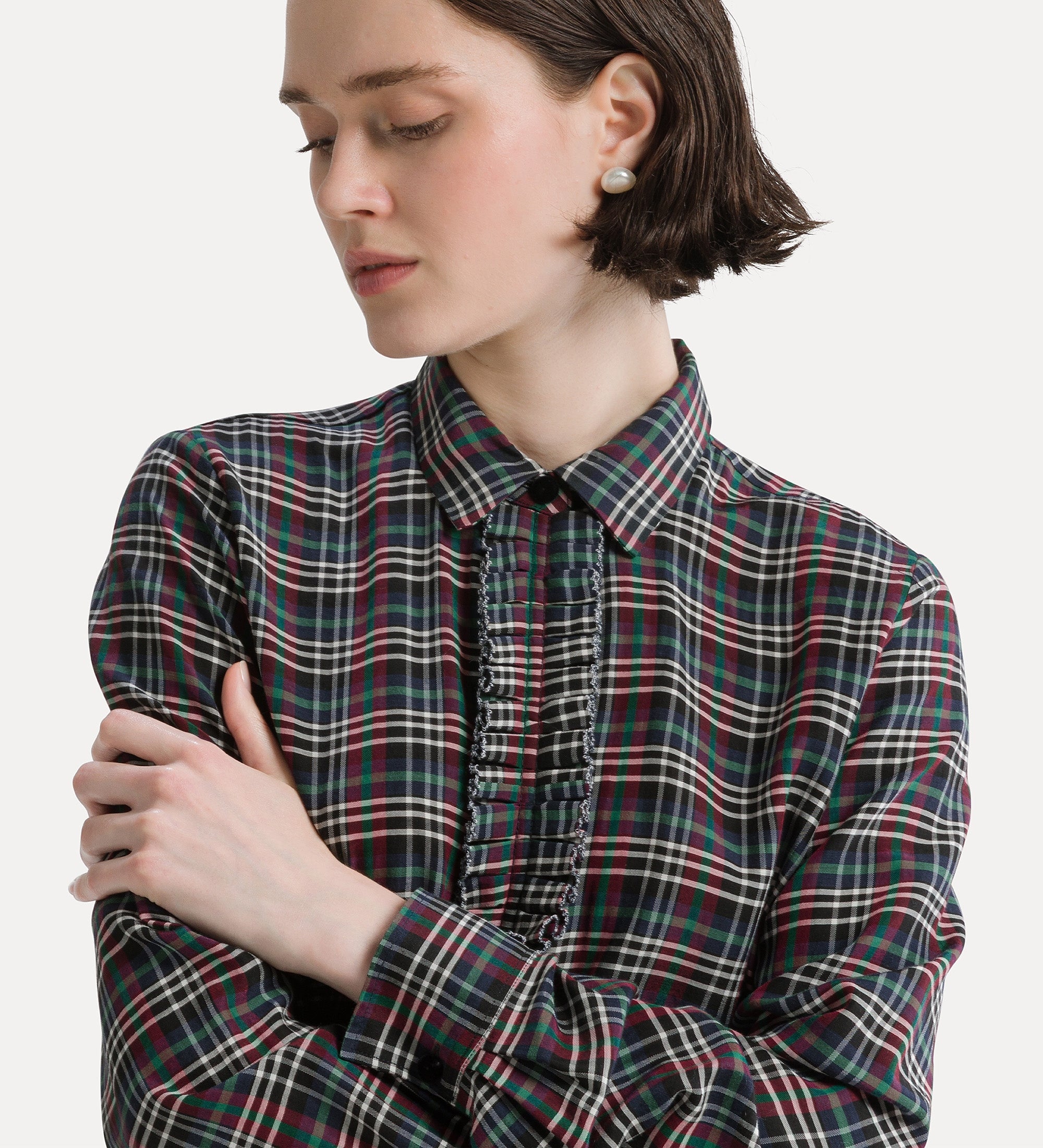 Forte camicie Ruched Voile Tartan Shirt camicia verde in voile