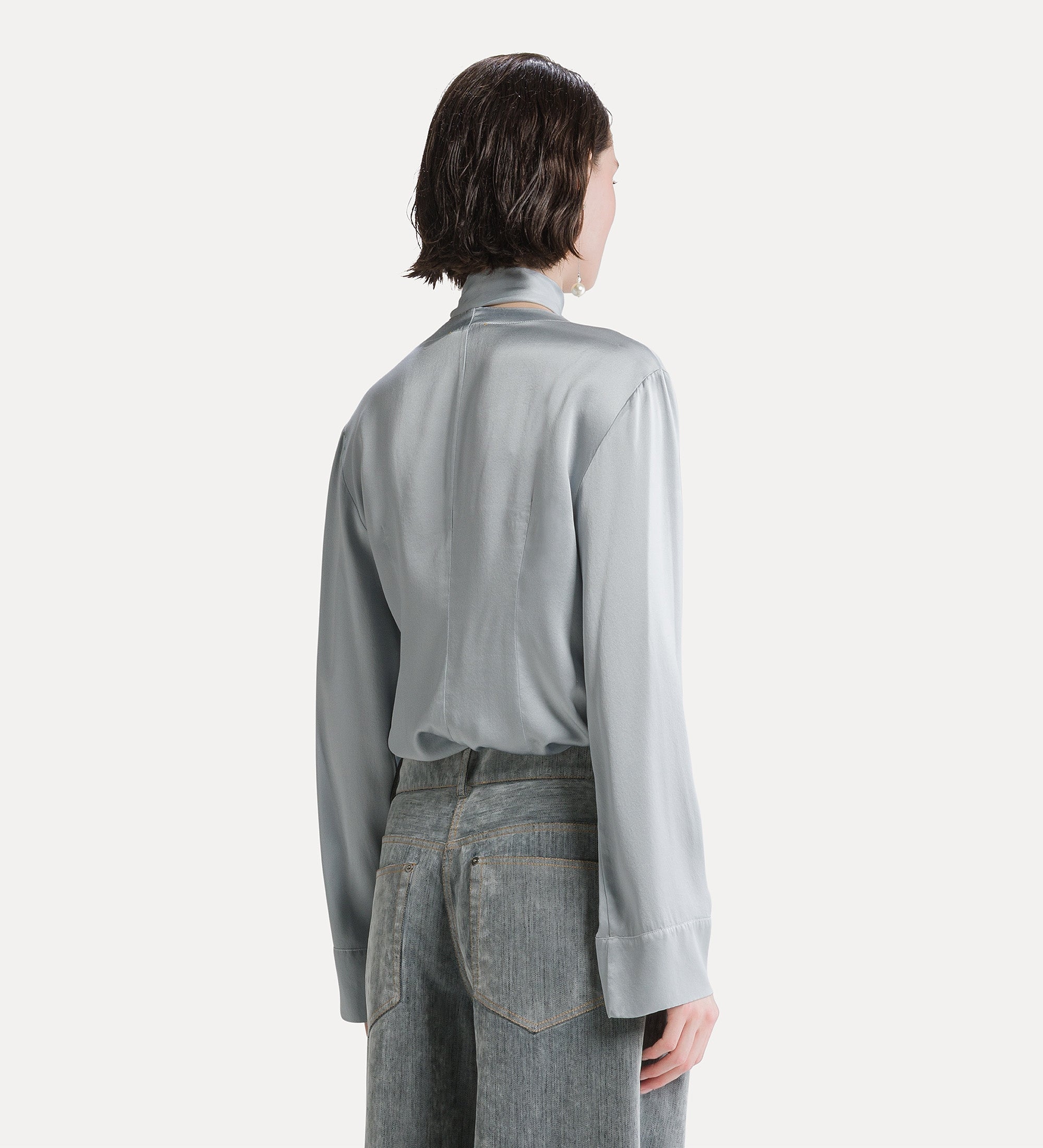 Forte camicie Silk Satin Shirt camicia grigia in seta pura con foulard