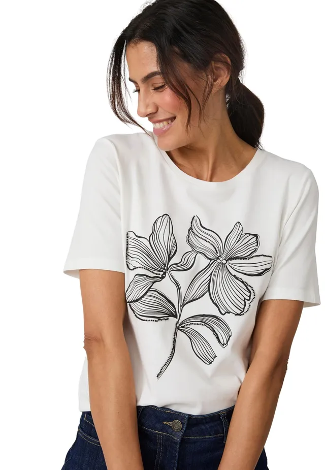 Damart Prêt-à-porter T-Shirt Perle Fantasia maglietta bianca con perle