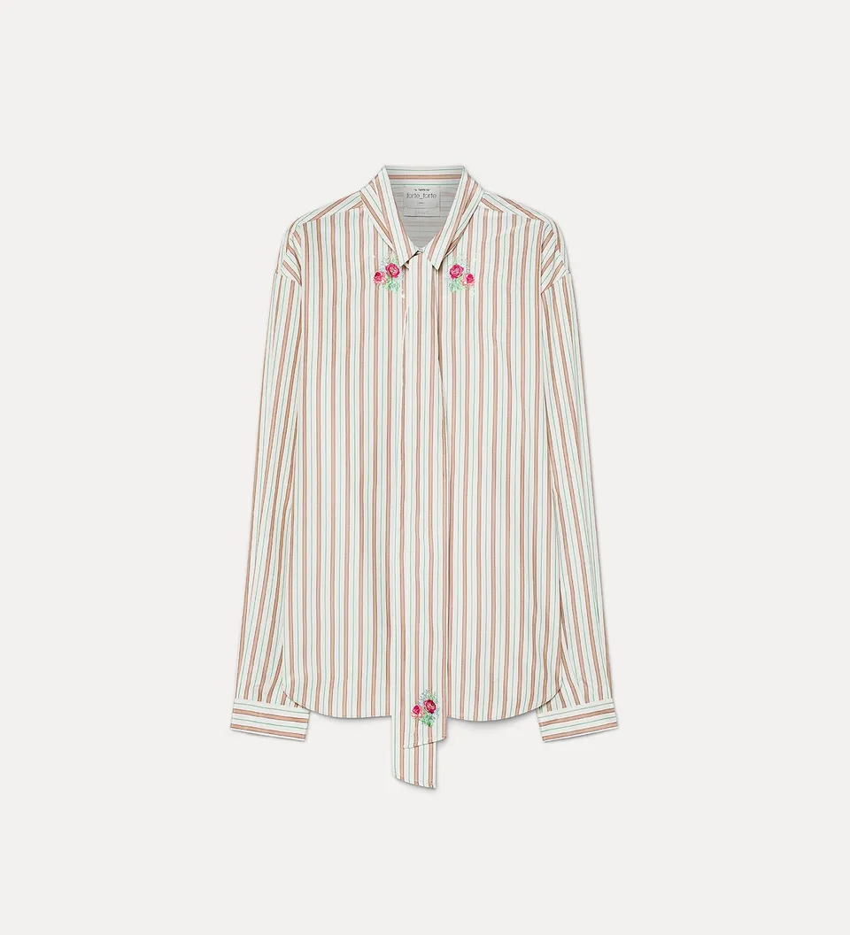 Forte camicie camicia a righe rosa con ricamo floreale