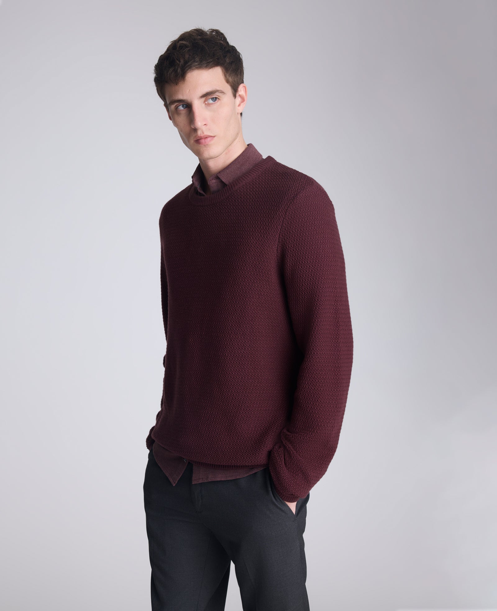 Kenneth Cole Reaction Clothing Popcorn Crew Sweater maglione bordeaux girocollo testurizzato