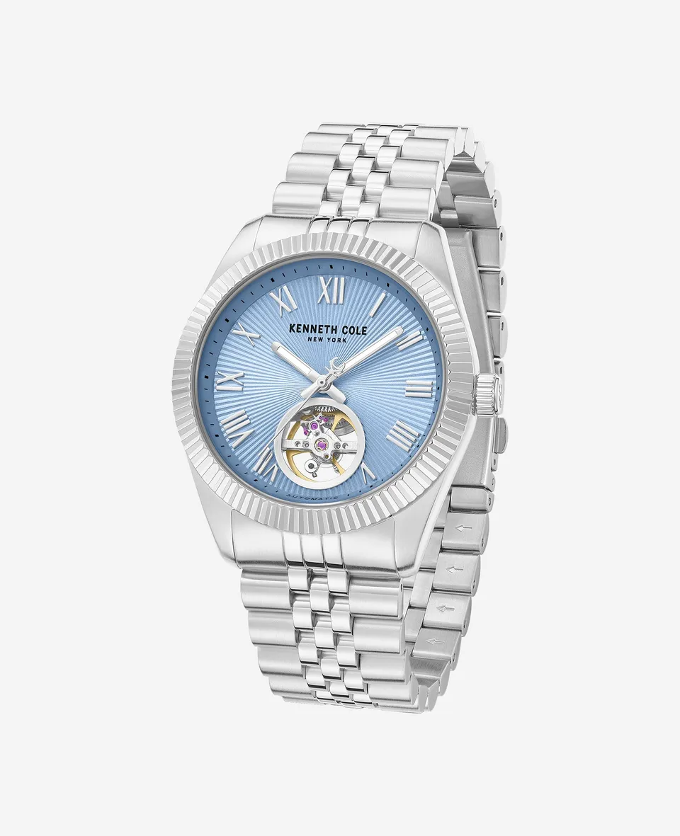 Kenneth Cole Reaction Watches Open Heart Automatic Bracelet Watch orologio automatico argento quadrante azzurro