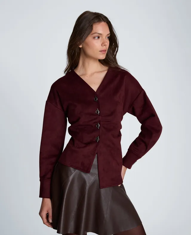 Kenneth Cole Reaction Clothing Front Button Shirt with Assymetrical Hem camicia Sugar Beet in scuba suede