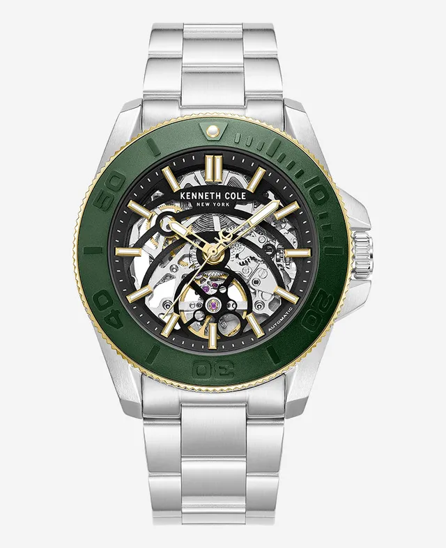 Kenneth Cole Reaction Skeleton Automatic Green Contrast Dial Bracelet Watch orologio automatico argento verde