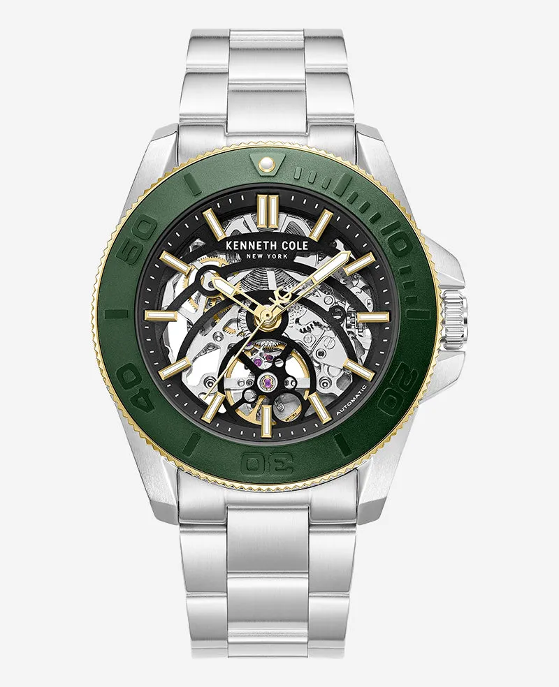 Kenneth Cole Reaction Skeleton Automatic Green Contrast Dial Bracelet Watch orologio automatico argento verde