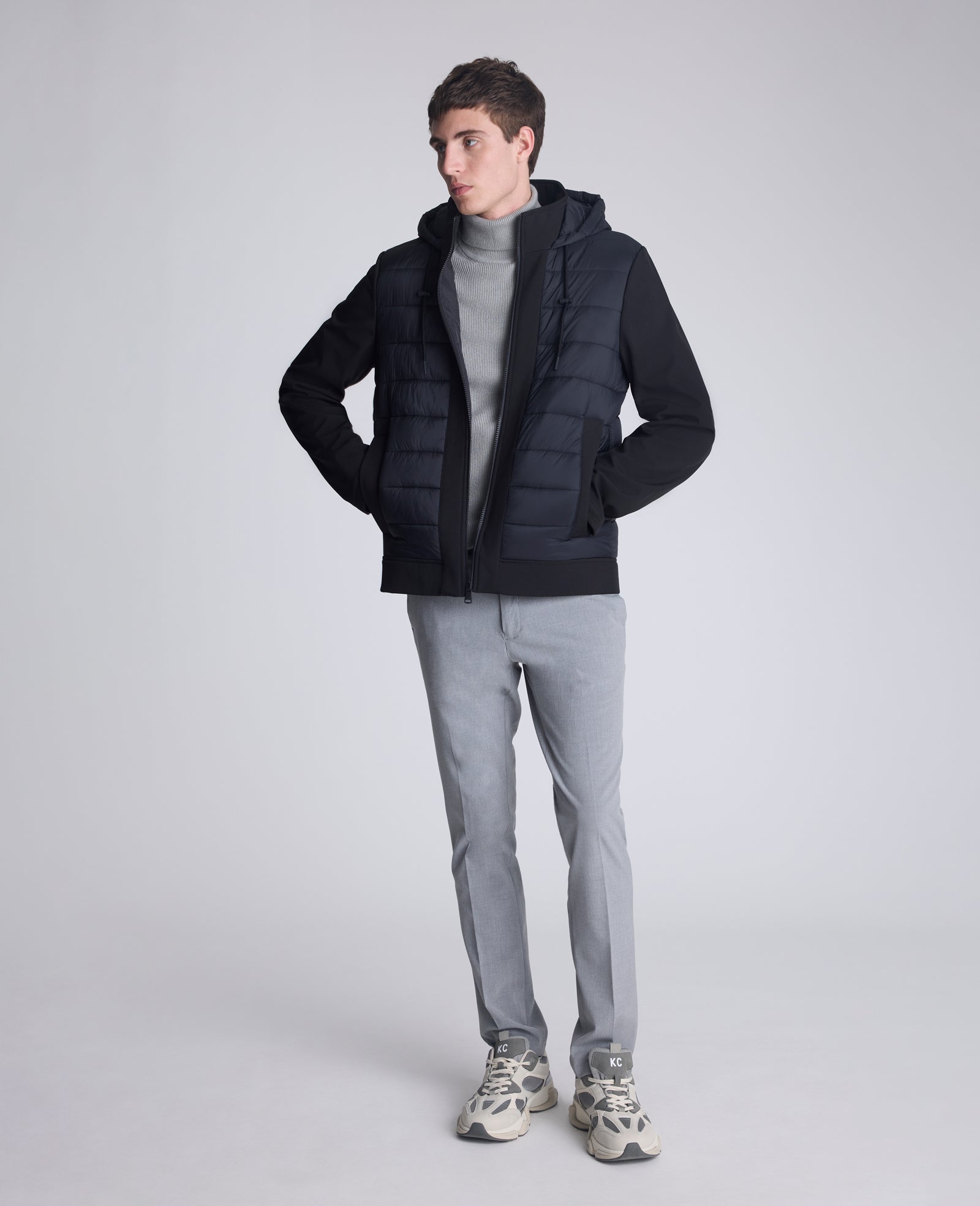 Kenneth Cole Reaction Clothing Mixed Media Hooded Soft Shell Jacket giacca nera con cappuccio